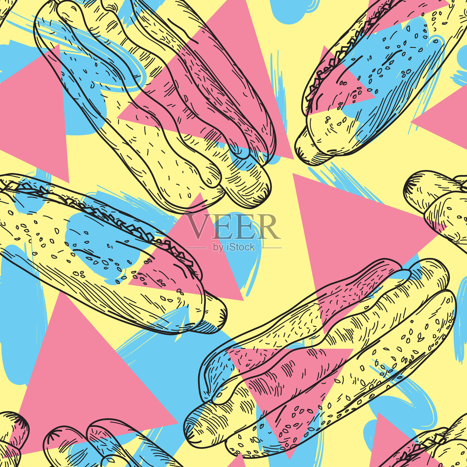 80年代风格复古热狗图案插画图片素材