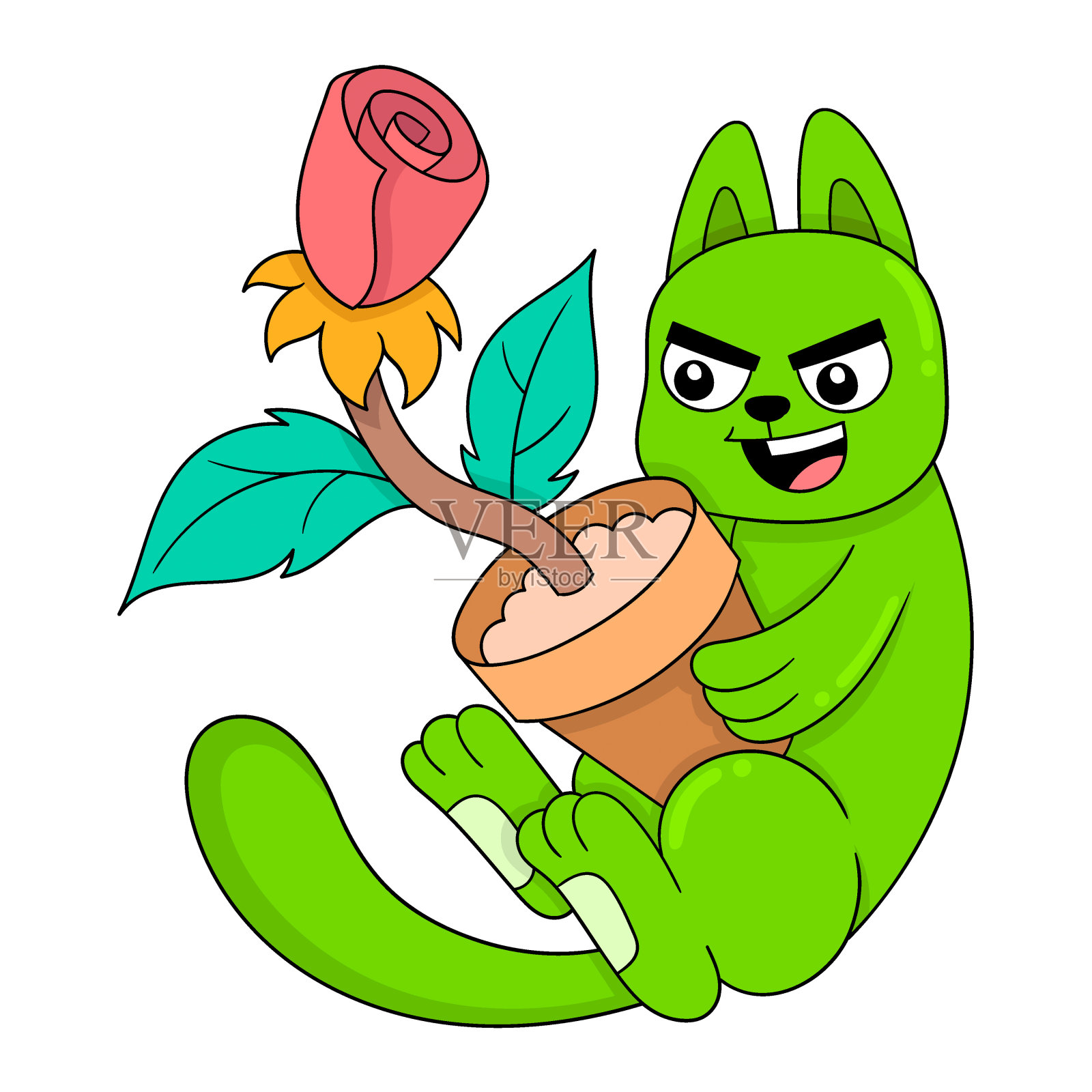 微笑的绿猫拿着一罐玫瑰，涂鸦图标形象可爱插画图片素材