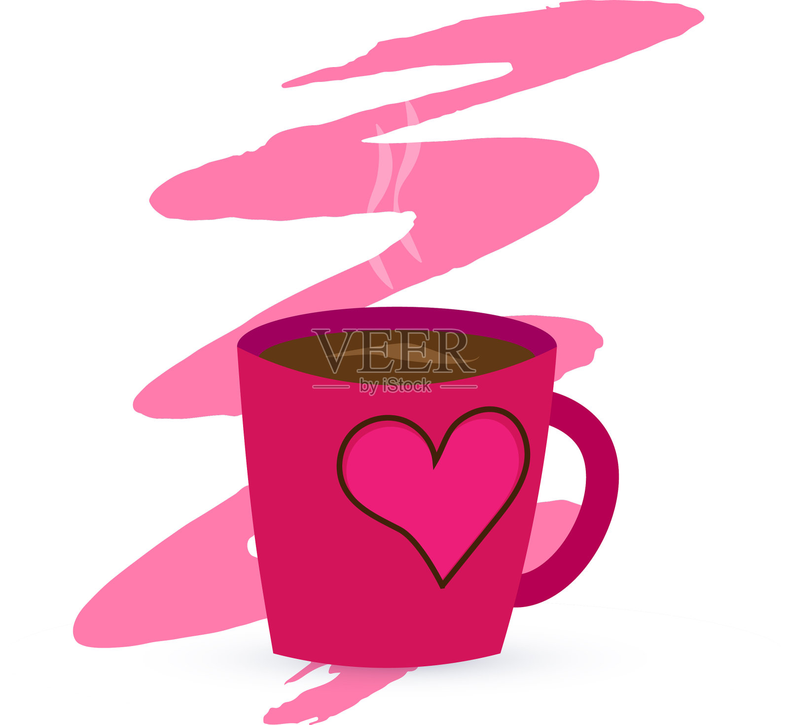 紫色的杯子，上面有咖啡或茶和心形图案插画图片素材