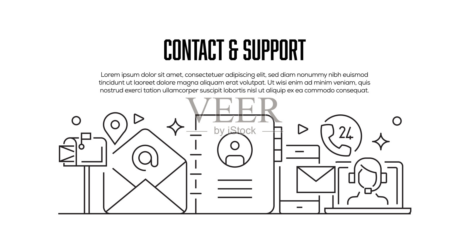 联系和支持相关的现代线条风格横幅设计插画图片素材