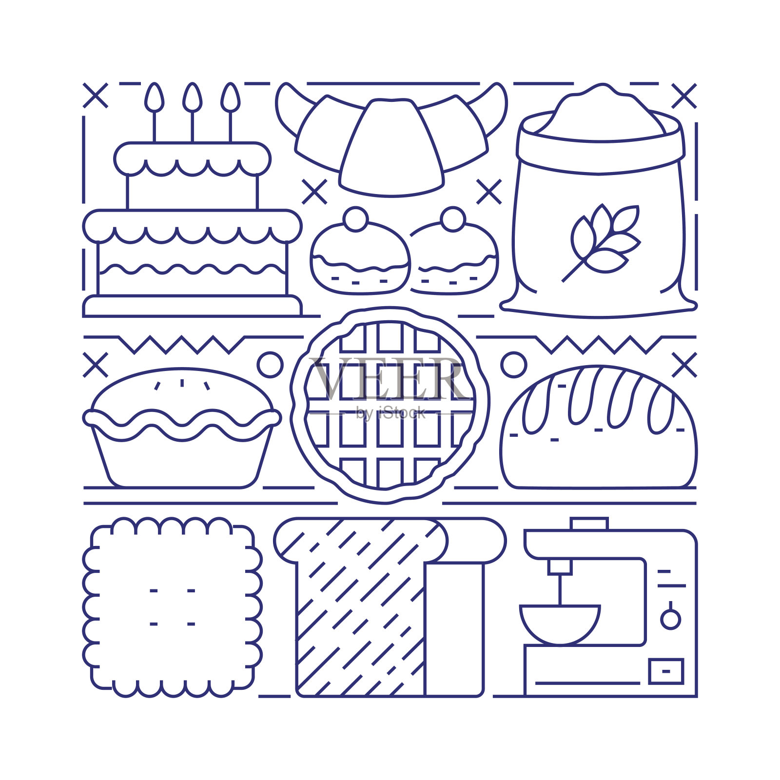 烘焙对象和元素。线条图标插图集合。图标设置或标题模板。插画图片素材