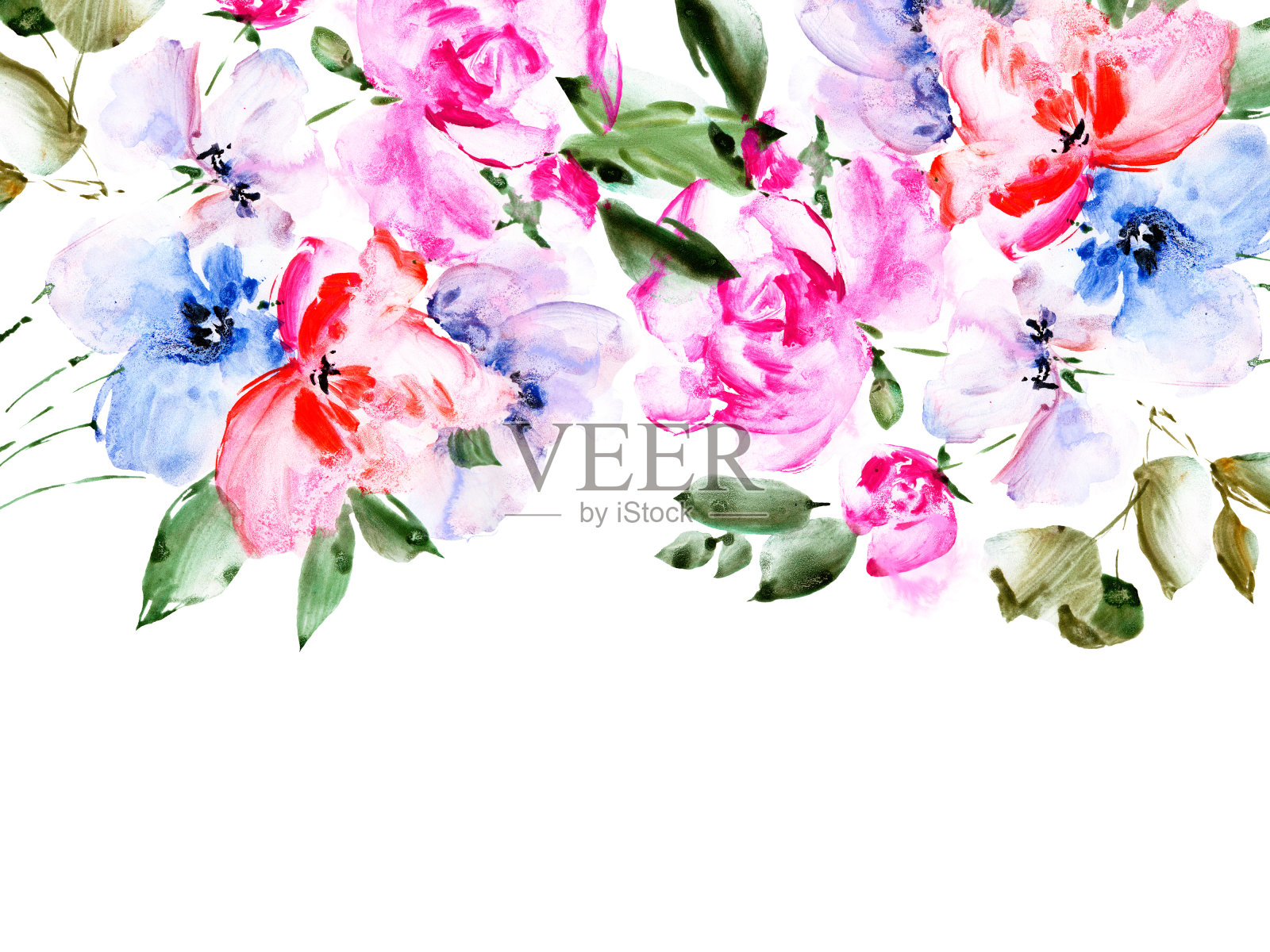 水彩色彩斑斓的花朵背景。鲜花婚礼邀请模板与玫瑰。贺卡与明亮的花束。生日明信片。花的边界。插画图片素材