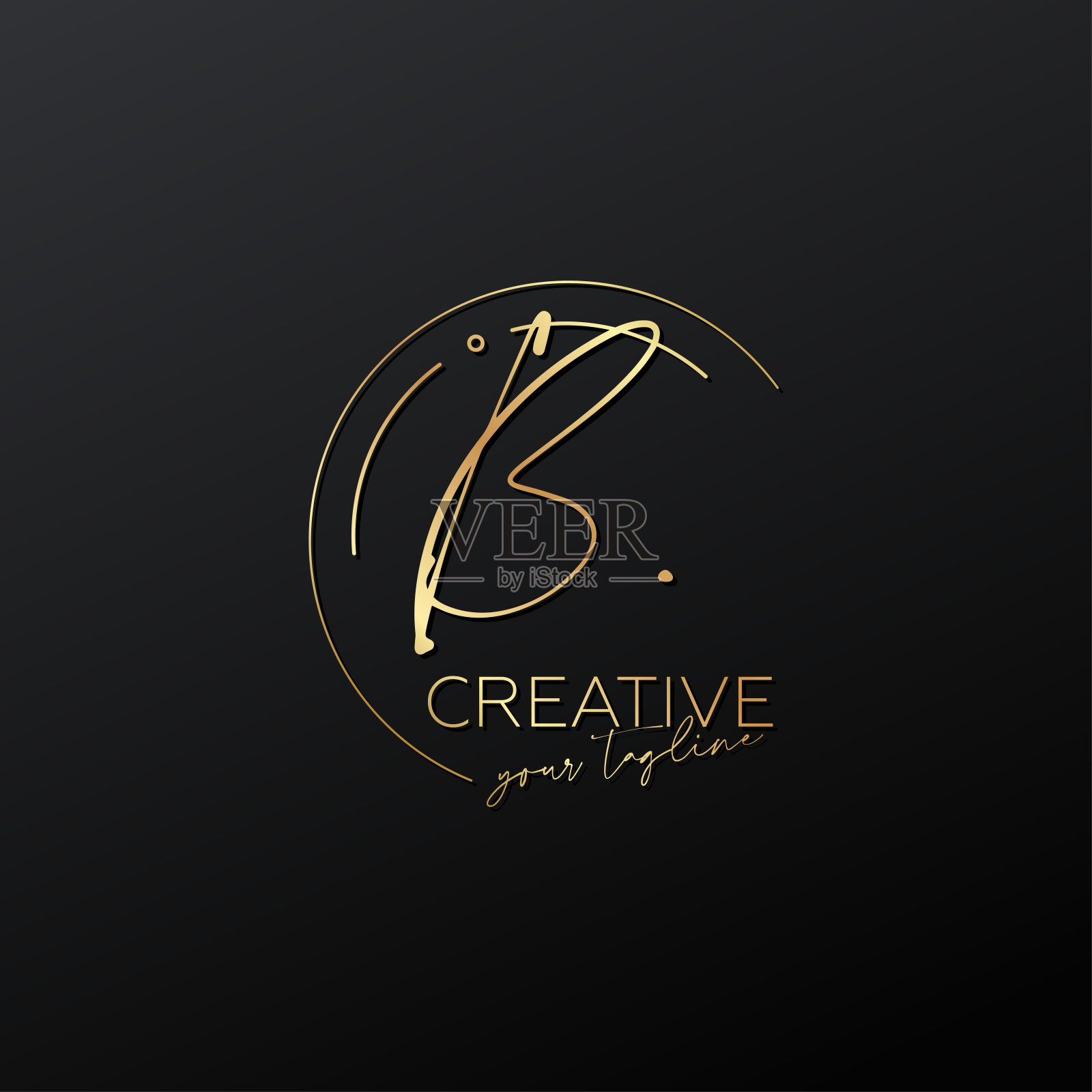 B字母书法最小字母会徽风格向量标志。金色和黑色背景。插画图片素材