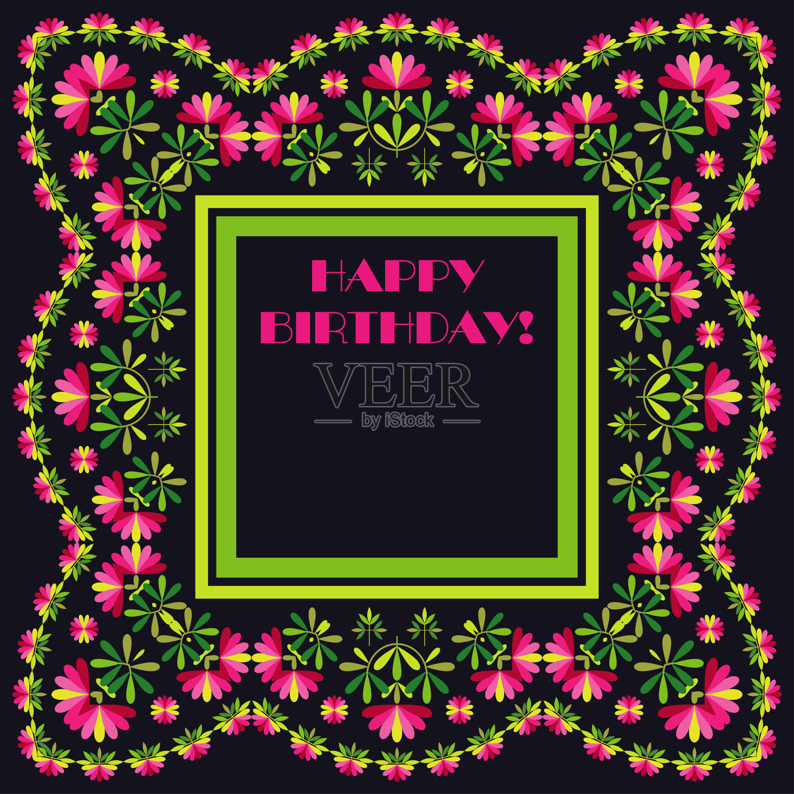 鲜花和几何形状的生日贺卡。插画图片素材