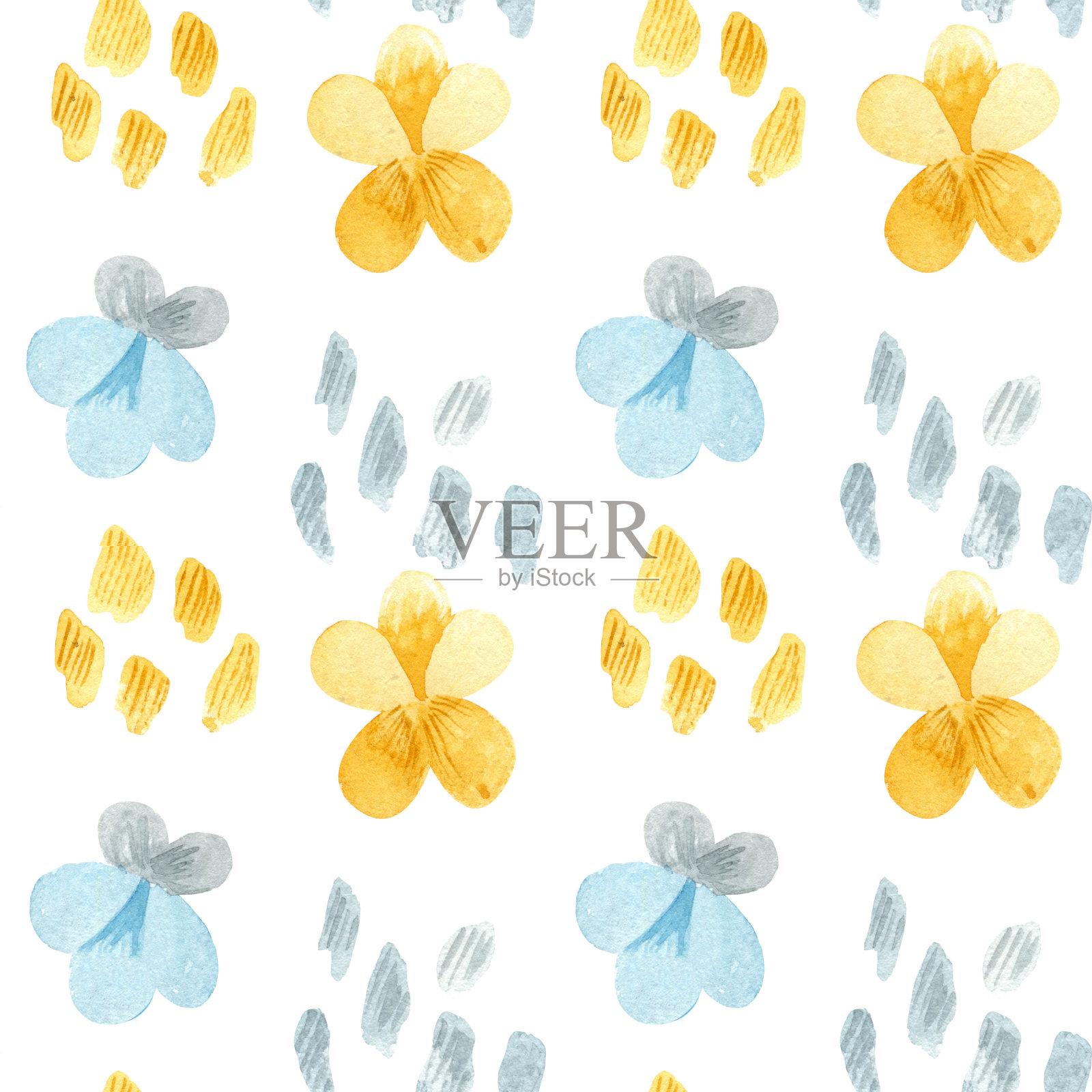 无缝图案与温柔的花朵。在白色背景上带有抽象水滴的花卉印花。手绘花朵、水滴的无尽插图。插画图片素材