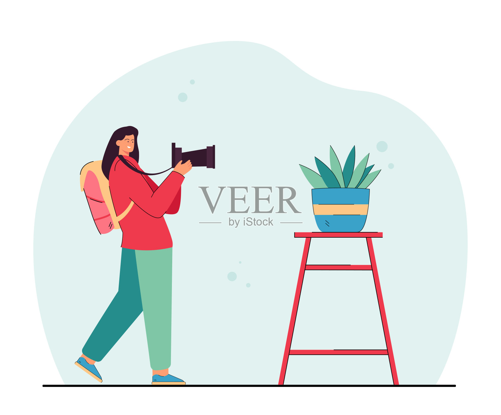 女摄影师正在拍摄桌上的盆栽植物插画图片素材