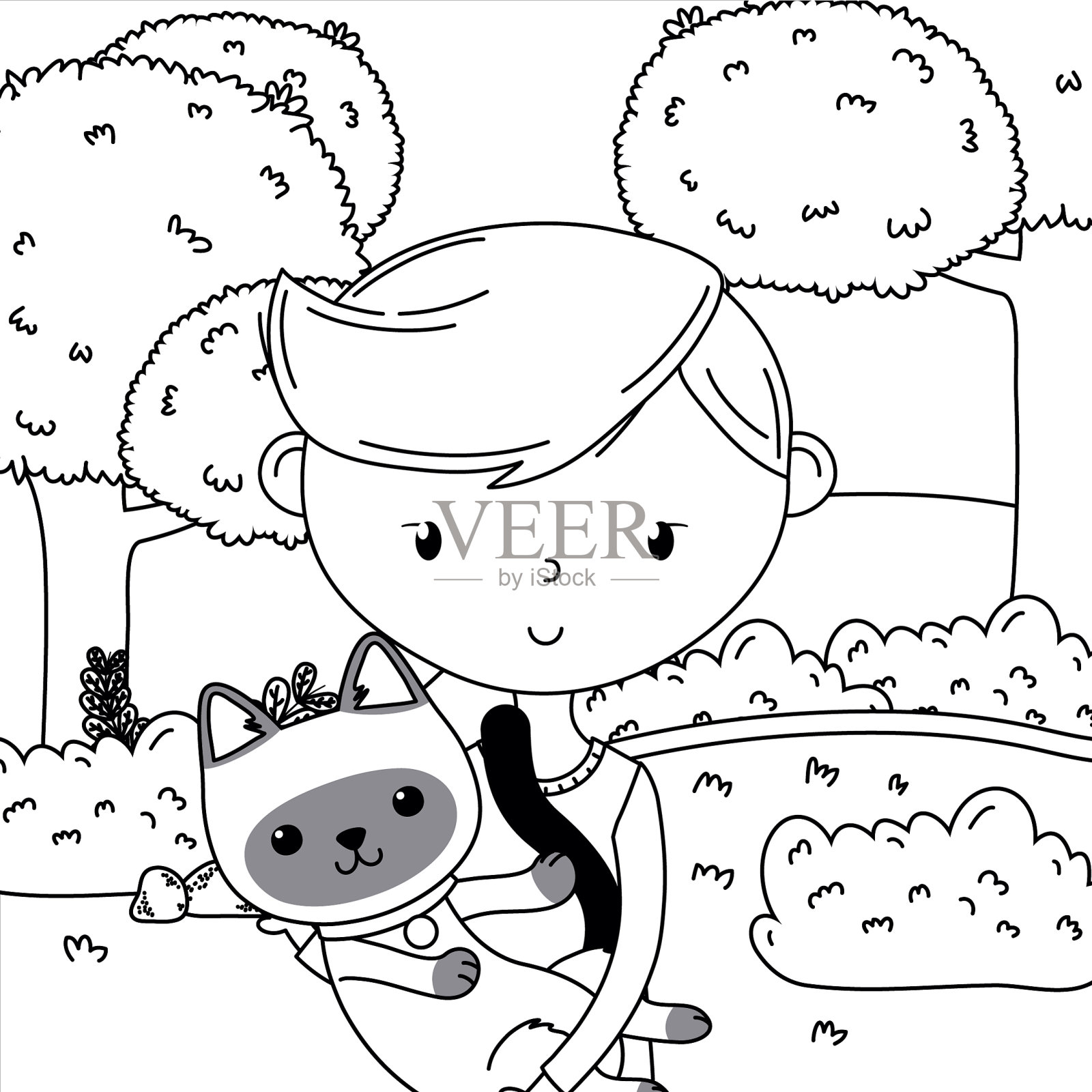 男孩与猫卡通设计插画图片素材