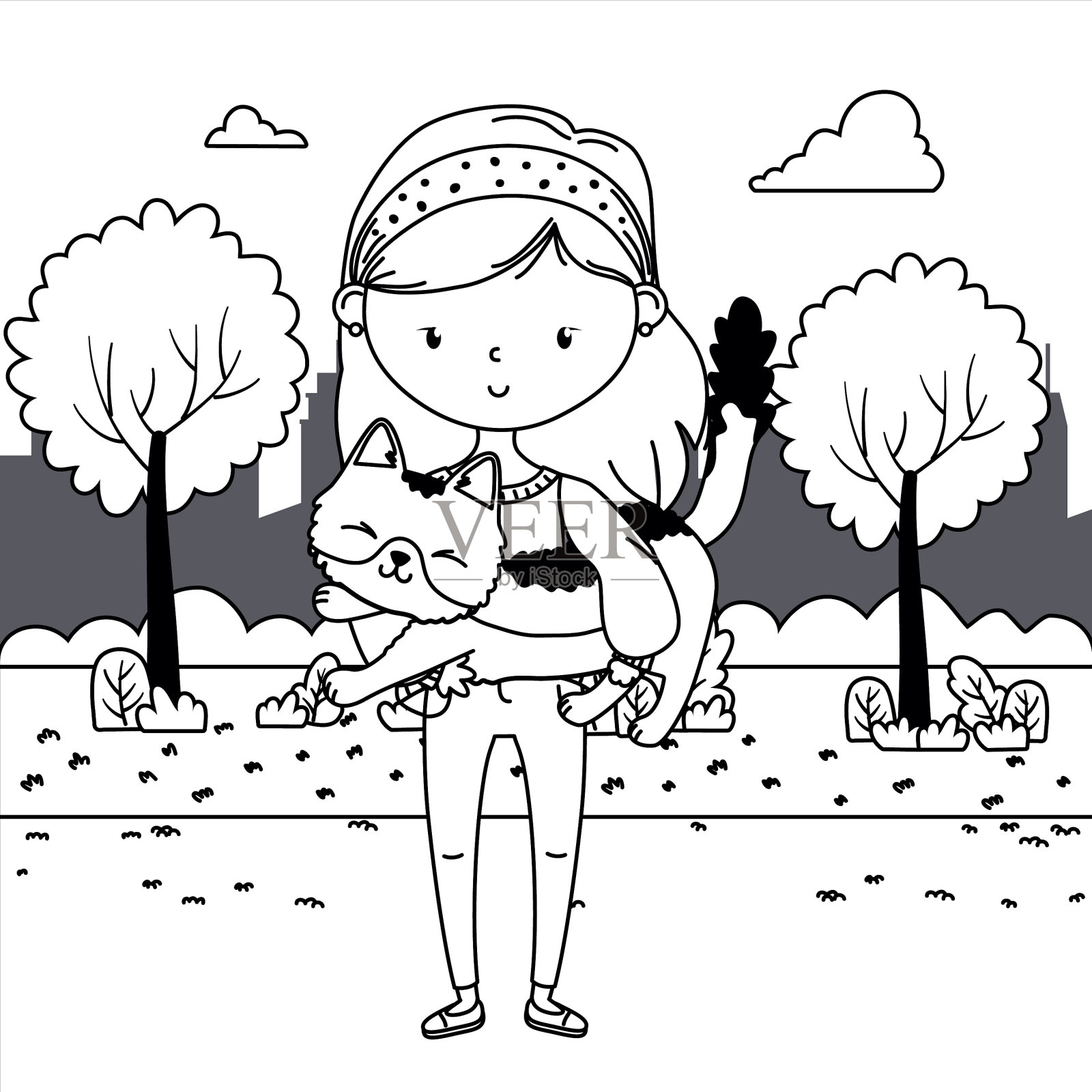 女孩与猫卡通设计插画图片素材