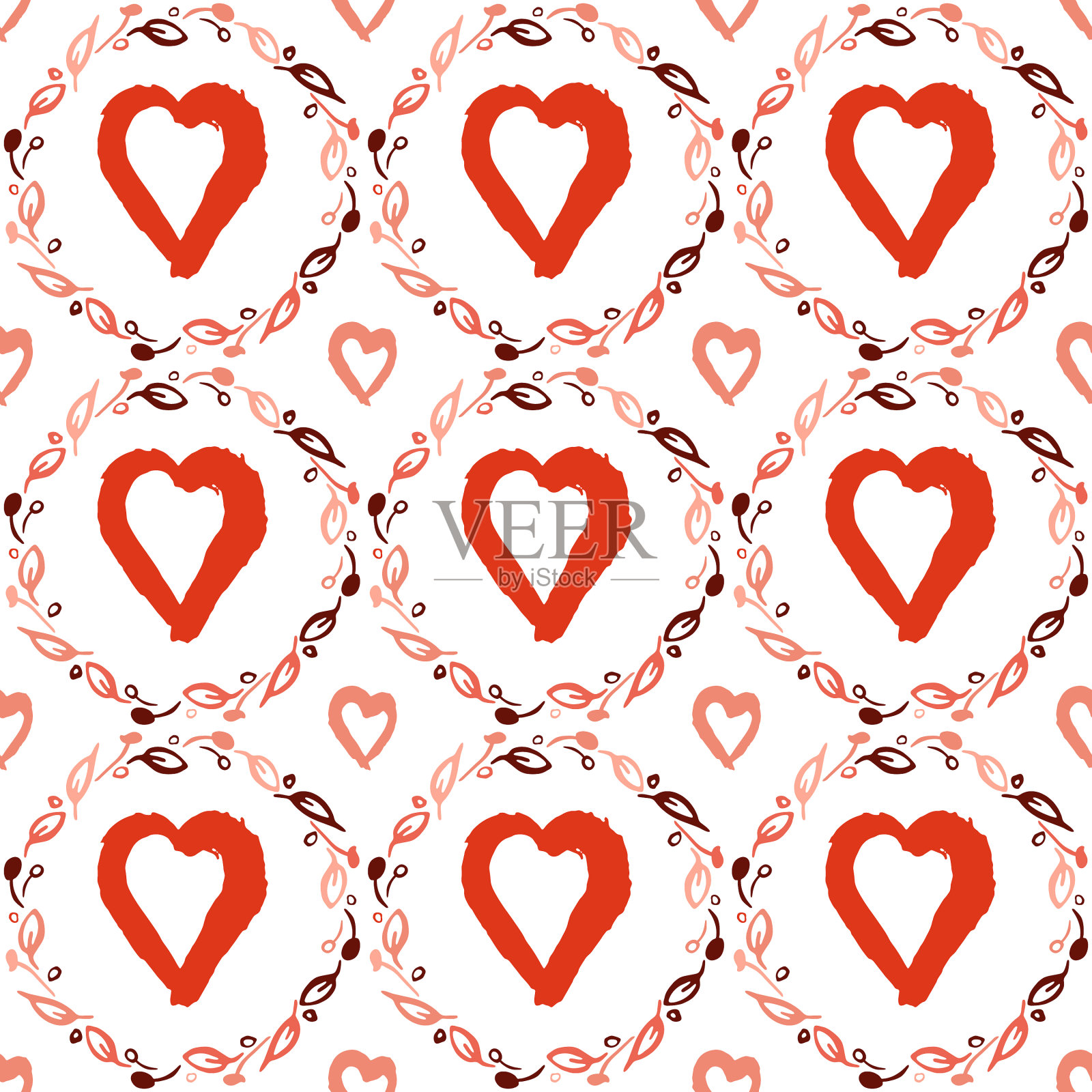 心在爱中无缝图案手绘墨插画图片素材