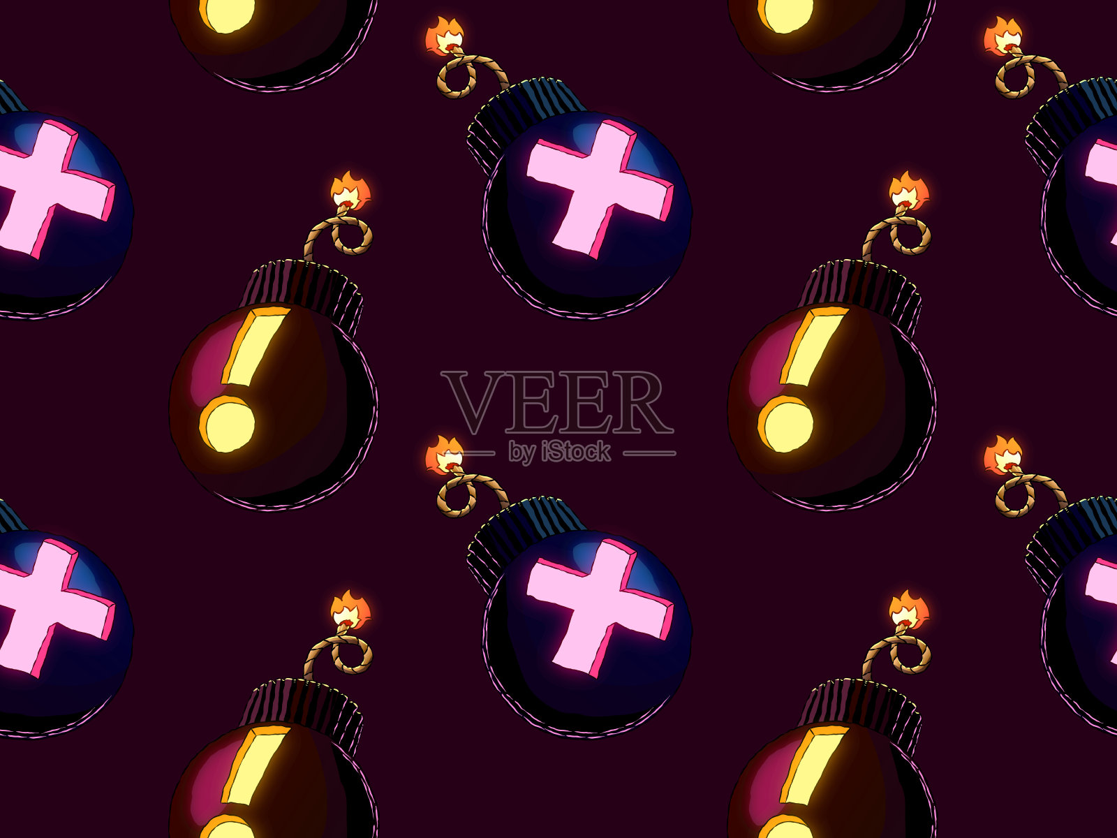 手绘明亮的卡通无缝模式-圆形炸弹。插画图片素材