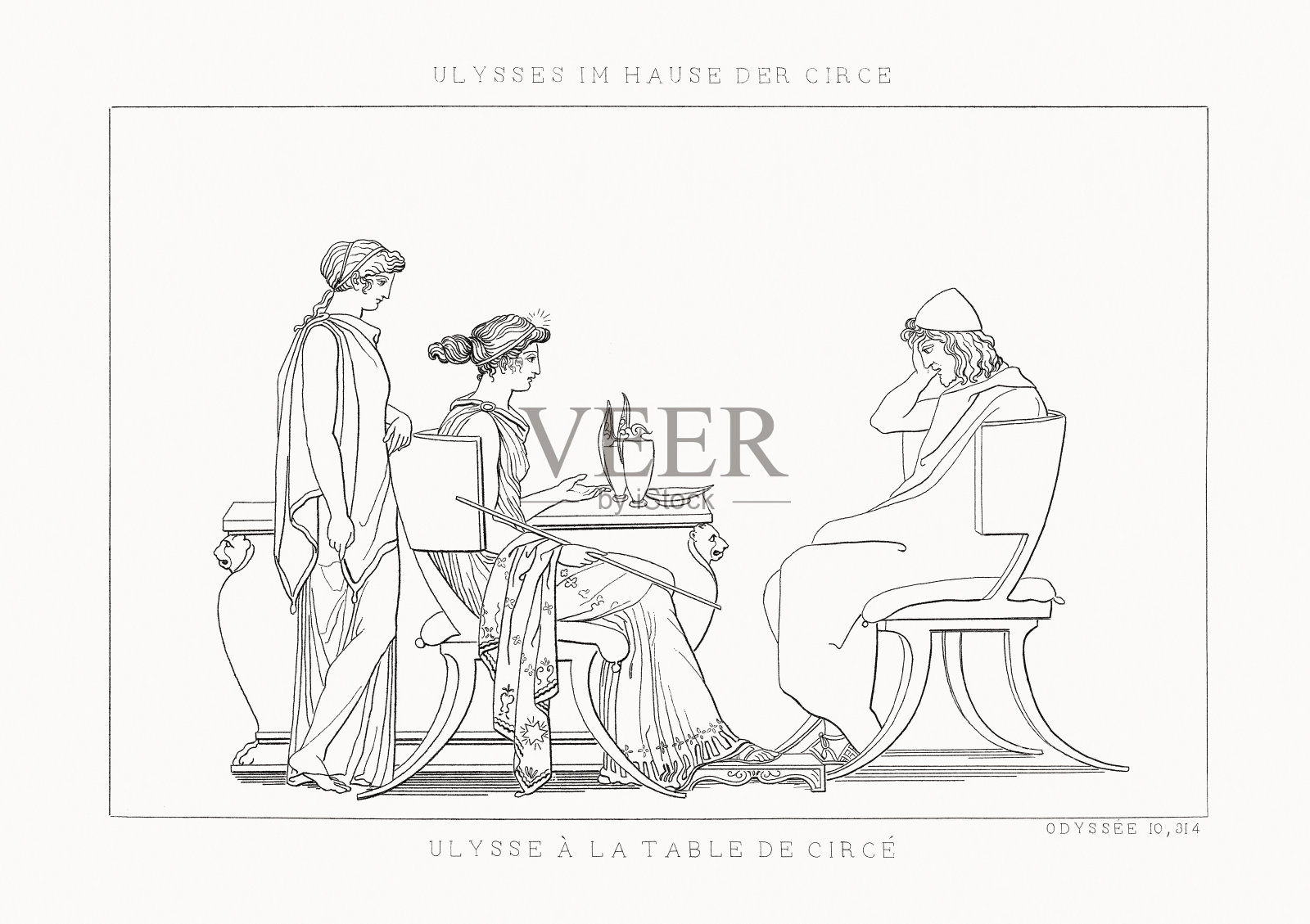 《奥德赛之桌上的尤利西斯》，钢版画，1833年插画图片素材