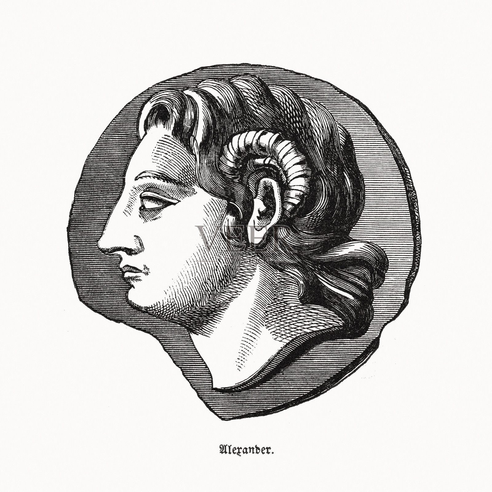 亚历山大大帝(公元前356年-公元前323年)，木版画，1862年出版插画图片素材