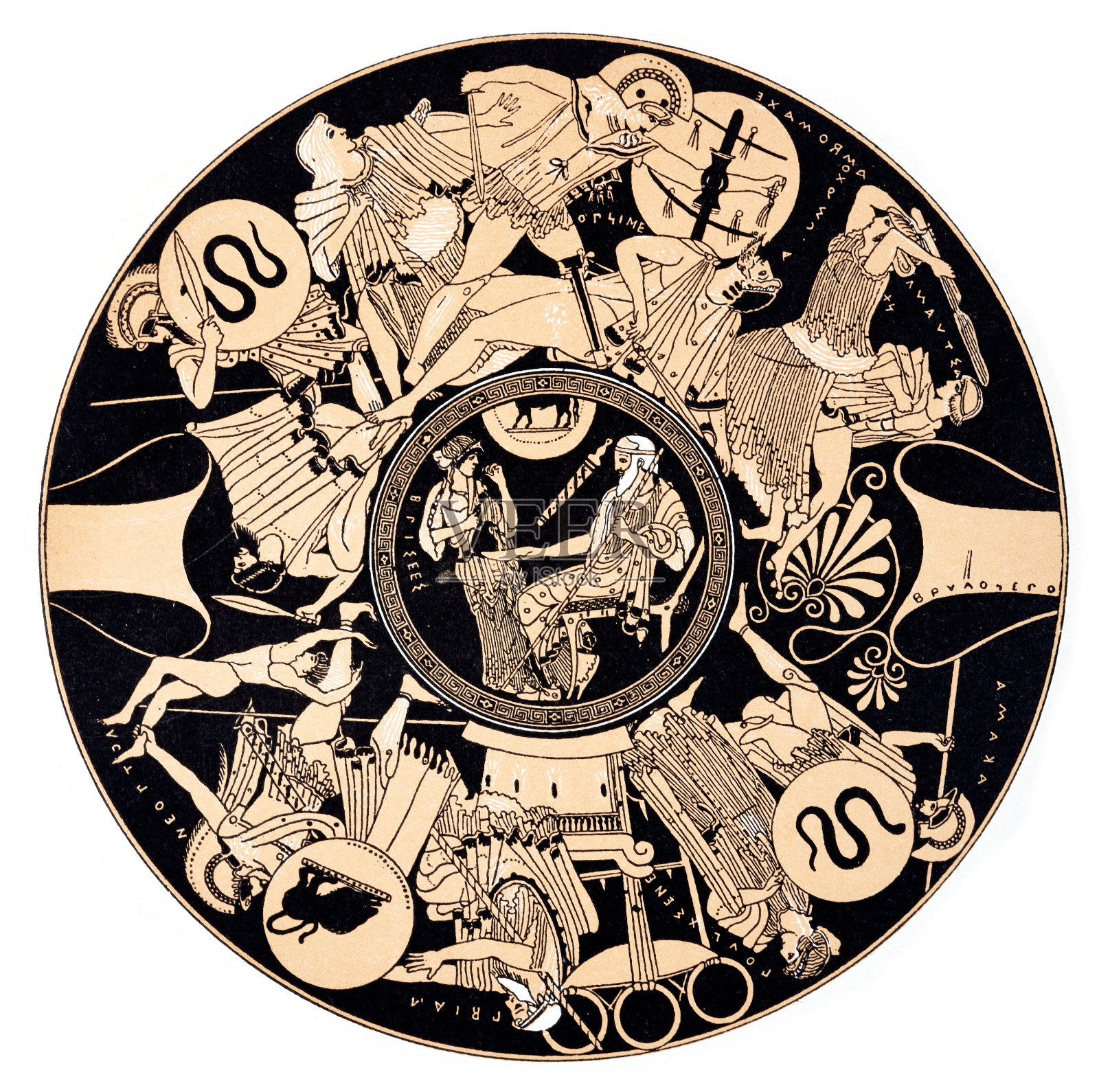 一个外表描绘特洛伊最后一战的希腊花瓶里面是年老的珀琉斯插画图片素材