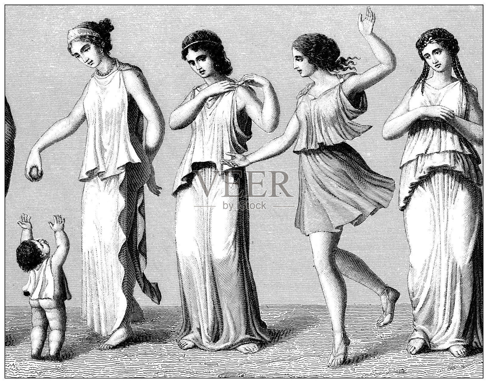 古董雕刻插图，文明:希腊妇女和儿童插画图片素材