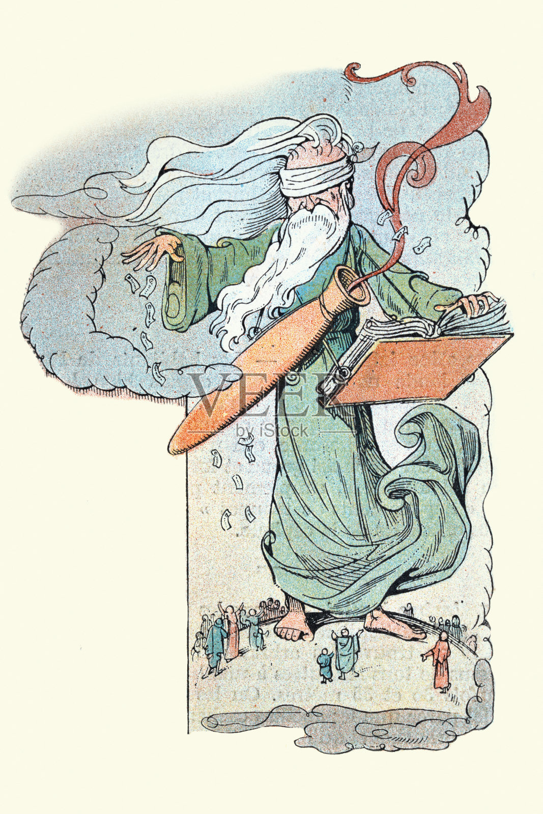 神话，盲目的命运或命运作为一个巨人站在人们之上插画图片素材