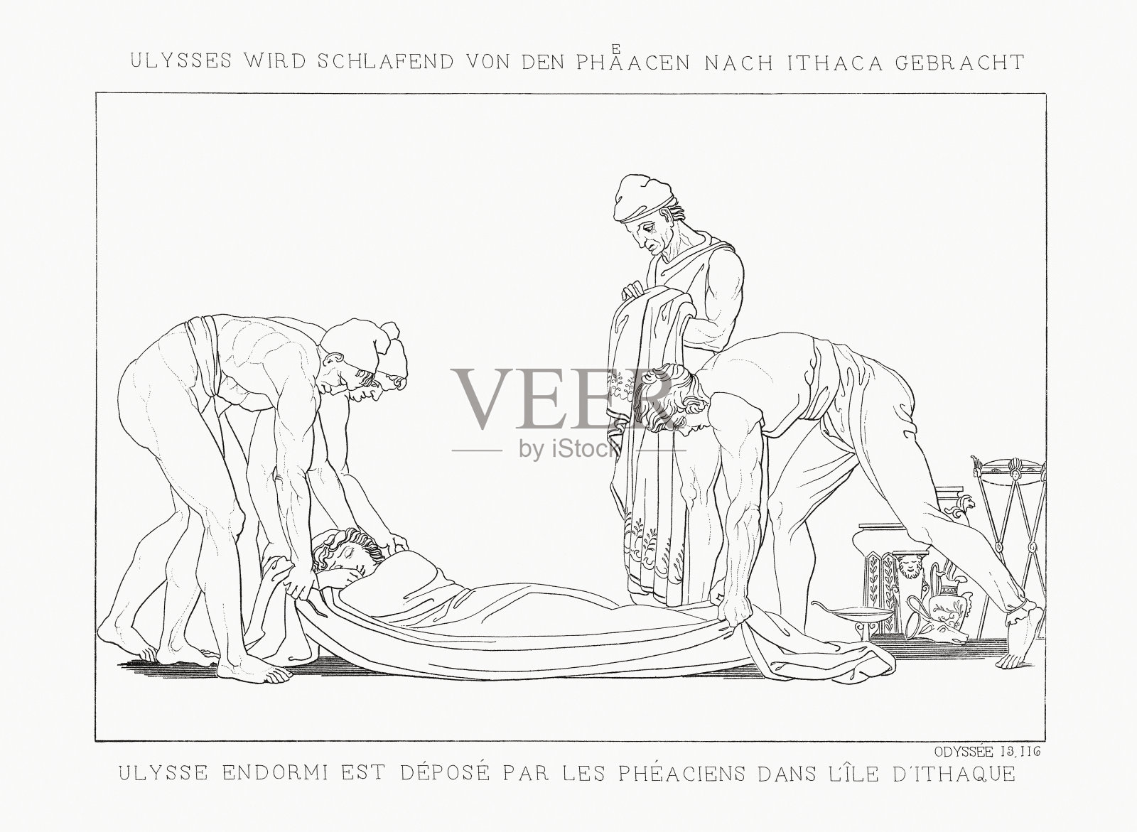 睡着的尤利西斯被费阿斯水手们躺在自己的海岸上插画图片素材