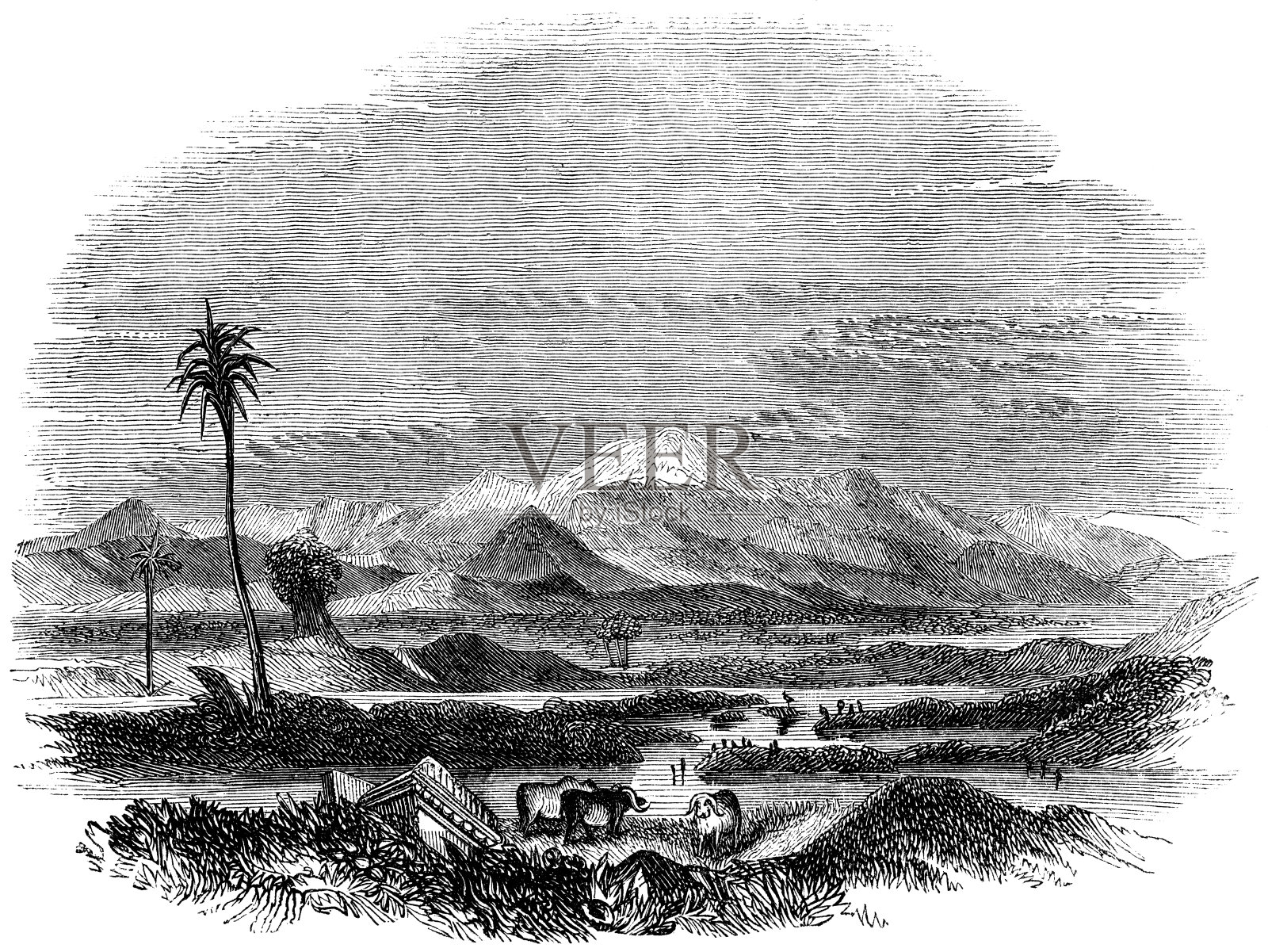 特洛伊平原，特洛伊古城西部——公元前12世纪插画图片素材