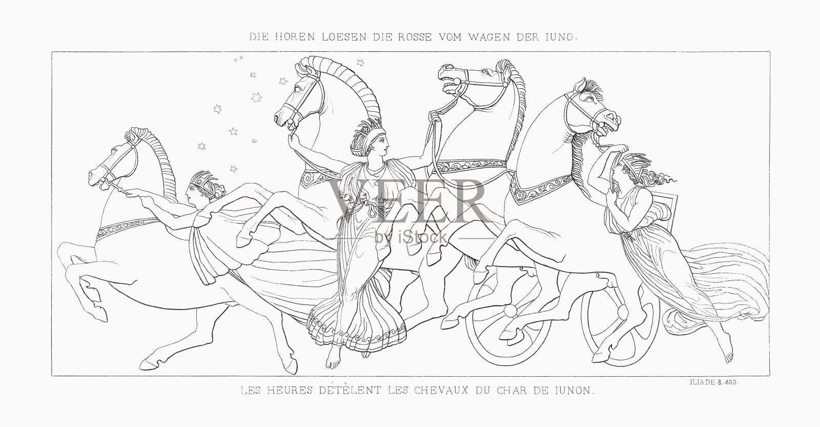 从朱诺的车上取马的时刻(伊利亚特)插画图片素材