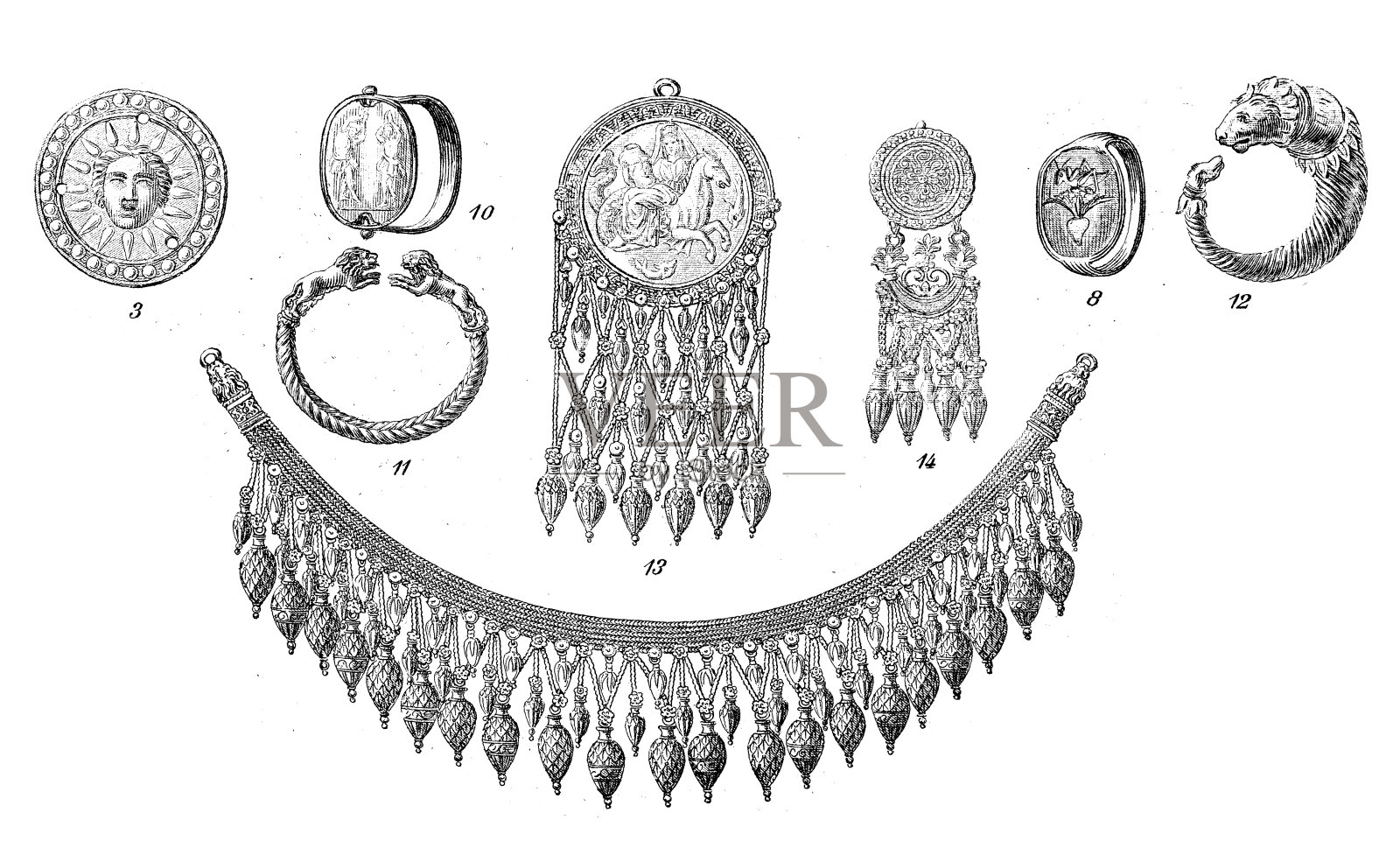 古董雕刻插画，文明:希腊珠宝插画图片素材