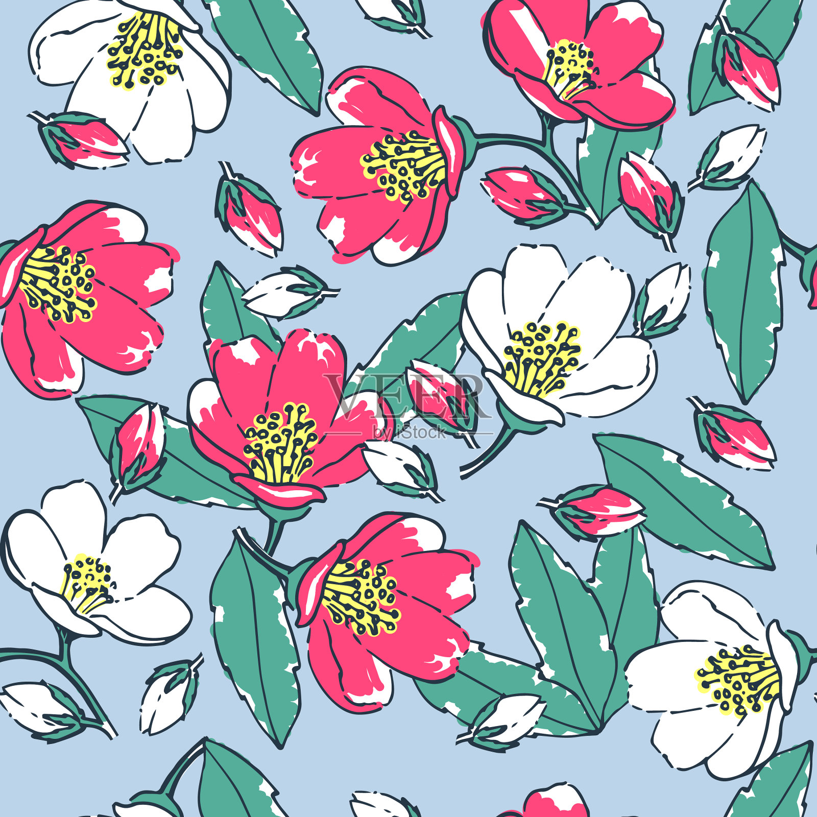 蓝色背景上无缝的花卉图案插画图片素材