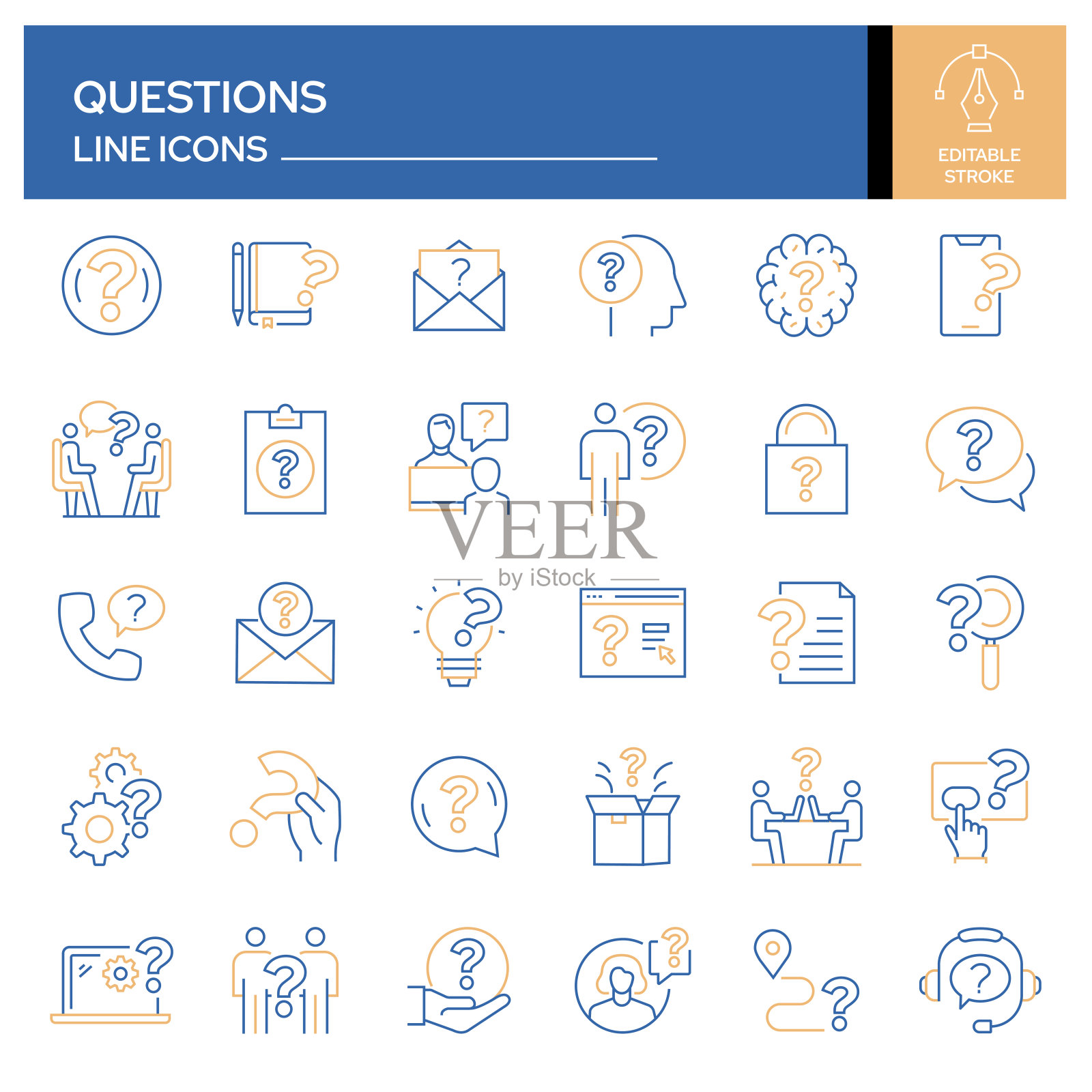 一组问题和困惑相关的线条图标。轮廓符号集合，可编辑的描边插画图片素材