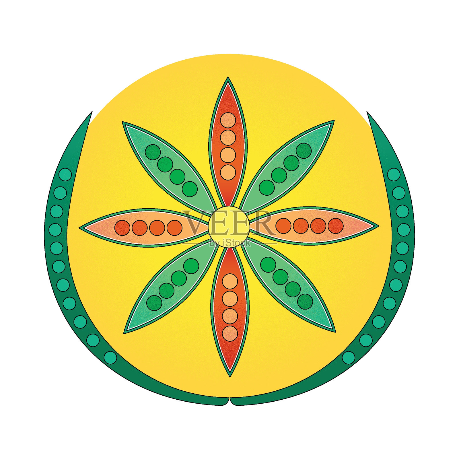 花夏圆框。在黄色背景上有分枝的花。插画图片素材