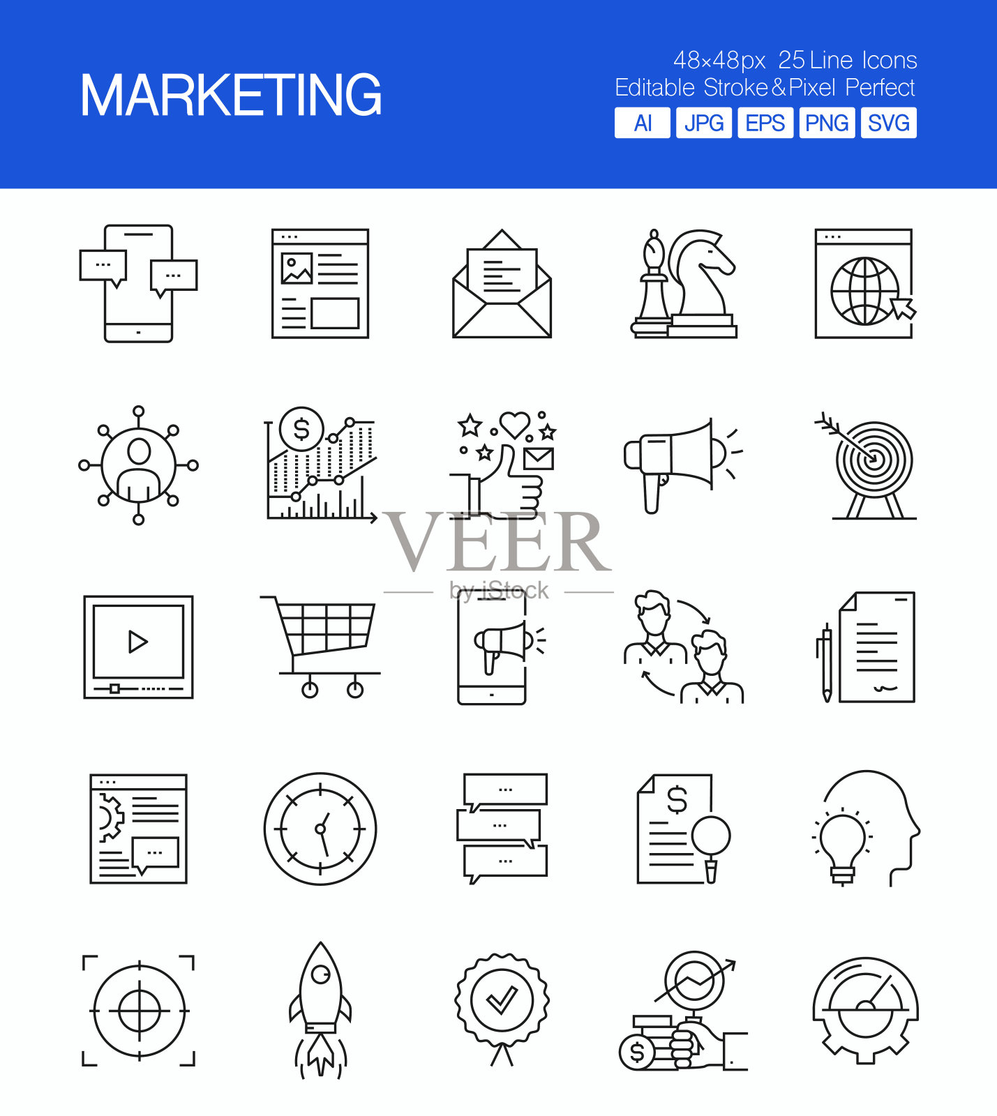 营销细线矢量图标集。设计是可编辑的，颜色可以改变。创意图标的矢量集:推广，增长，分析，社交销售，内容，Seo，广告图标素材