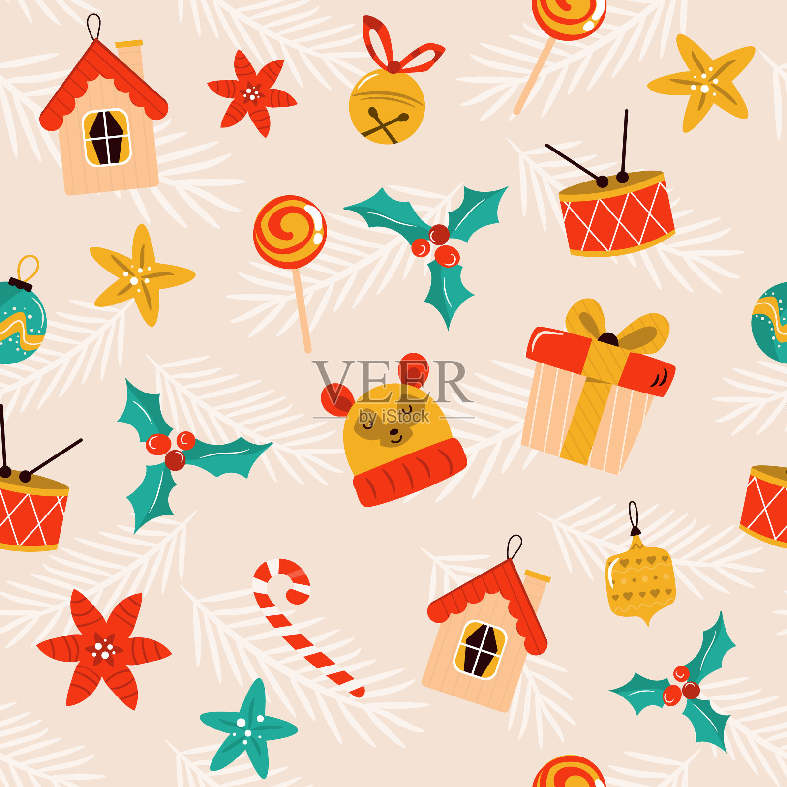 圣诞节无缝图案与节日装饰元素和符号。插画图片素材