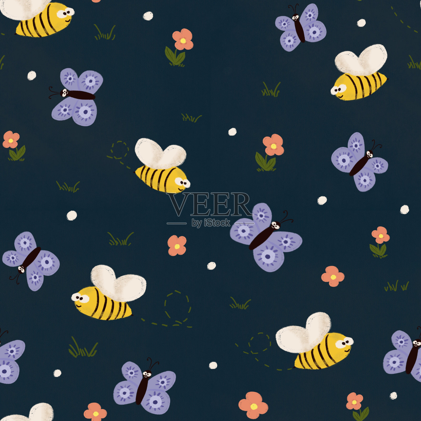 无缝图案与蝴蝶，蜜蜂和花朵插画图片素材