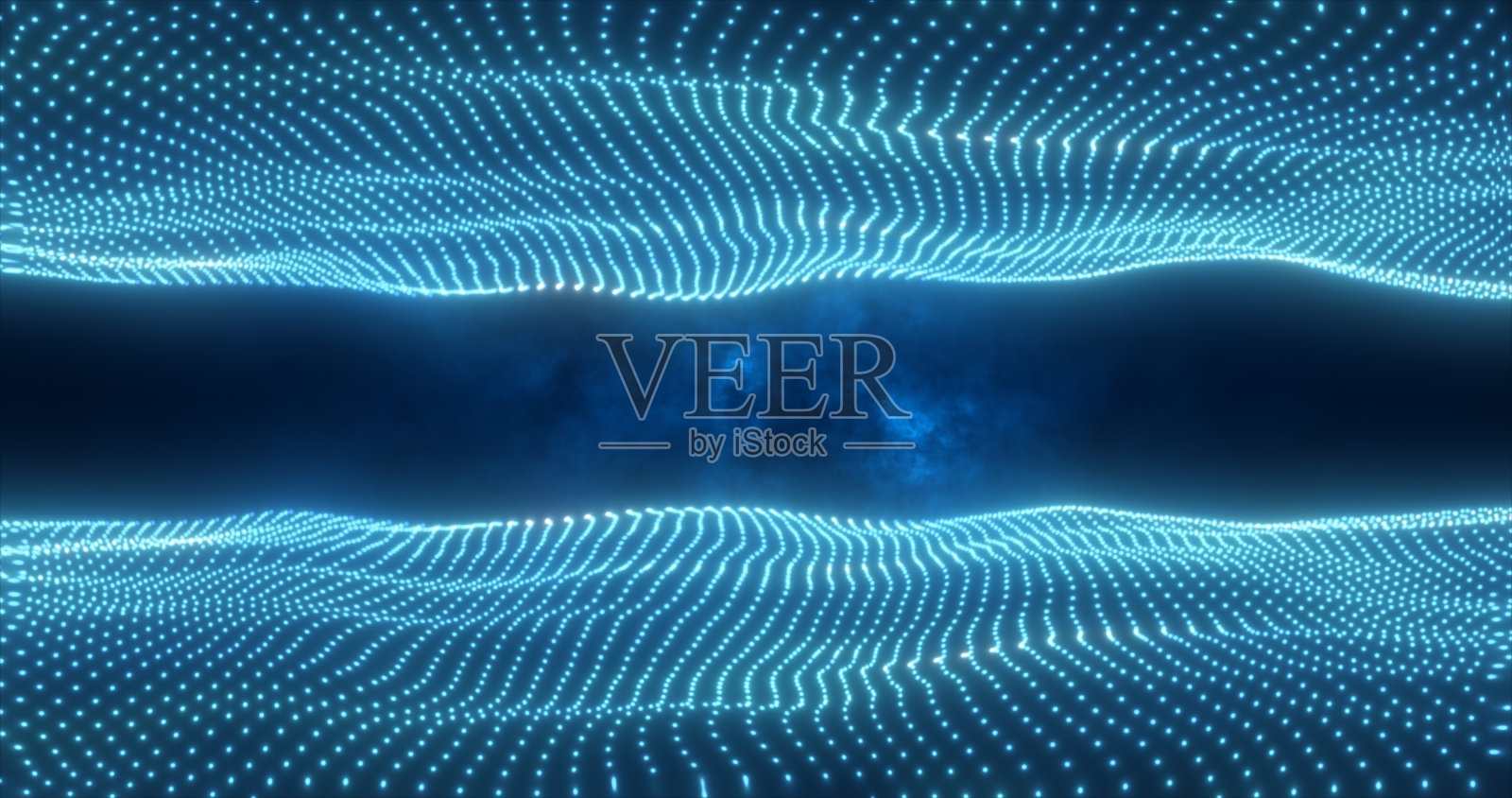 抽象的蓝色能量波来自粒子的上方和下方的屏幕神奇明亮的发光未来的高科技背景照片摄影图片