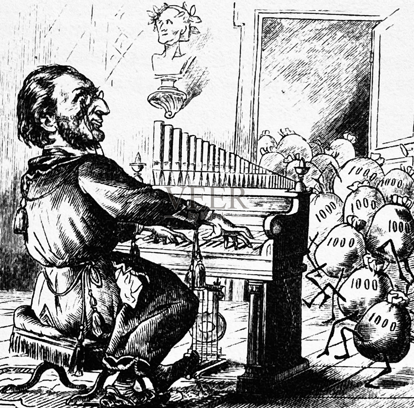 理查德·瓦格纳的漫画，愿钱走进来插画图片素材