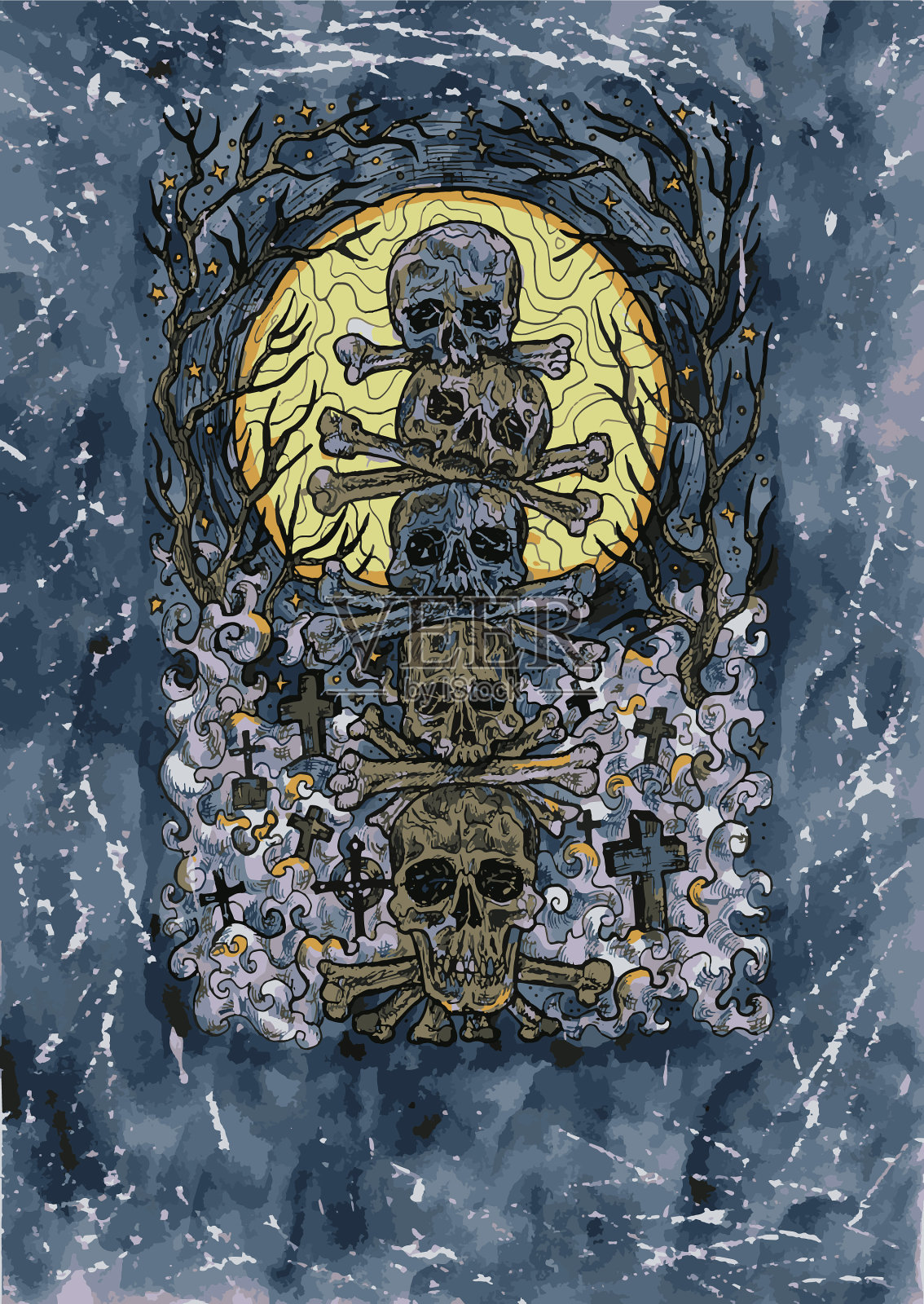 令人毛骨悚然的骷髅画的垃圾水彩画插画图片素材