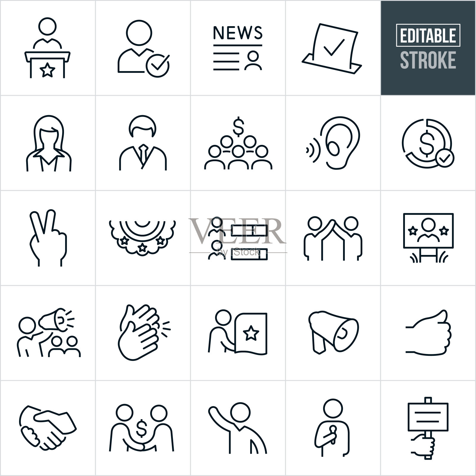 政治和选举细线图标-可编辑的笔触图标素材