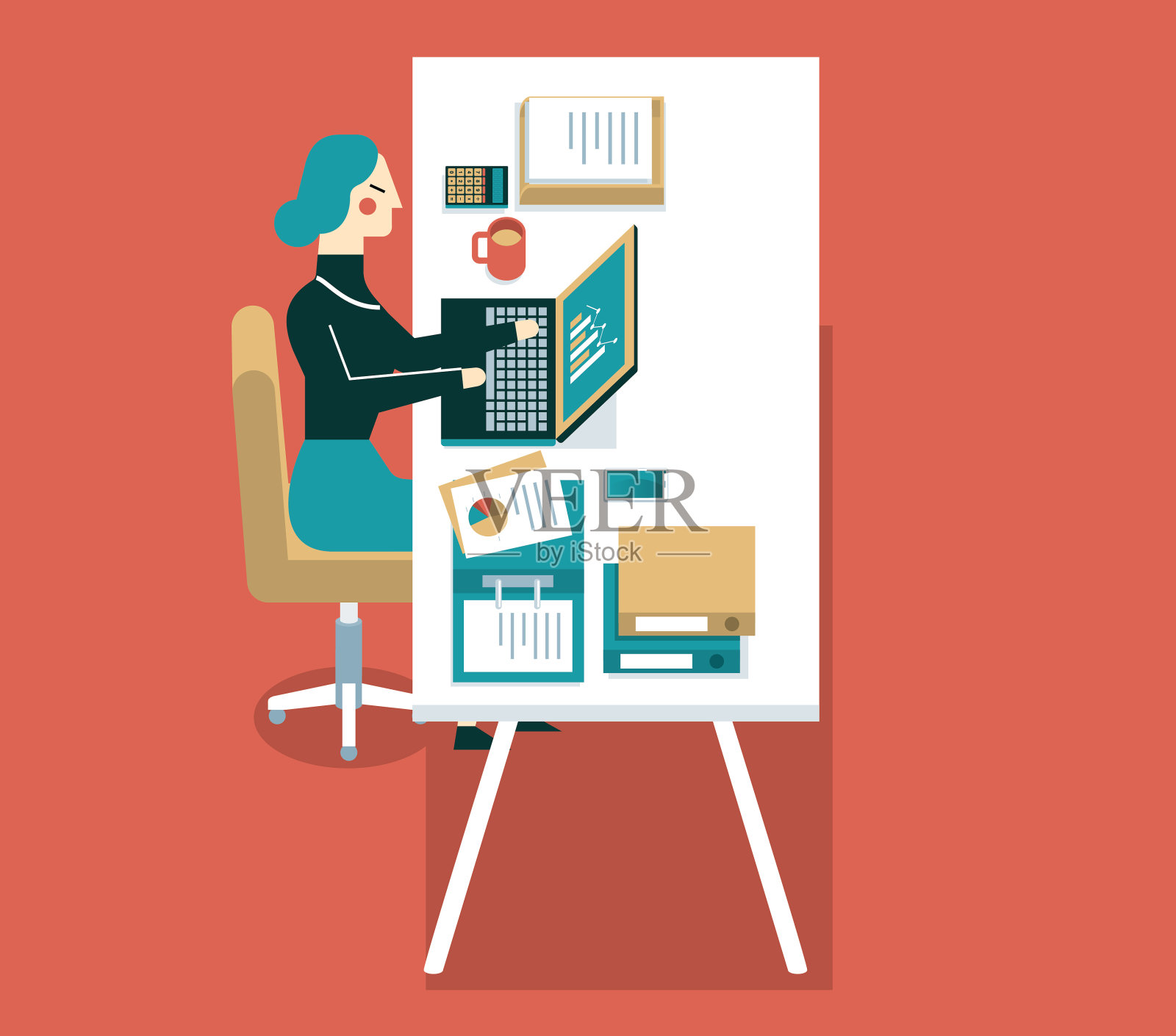 女商人在电脑上工作插画图片素材
