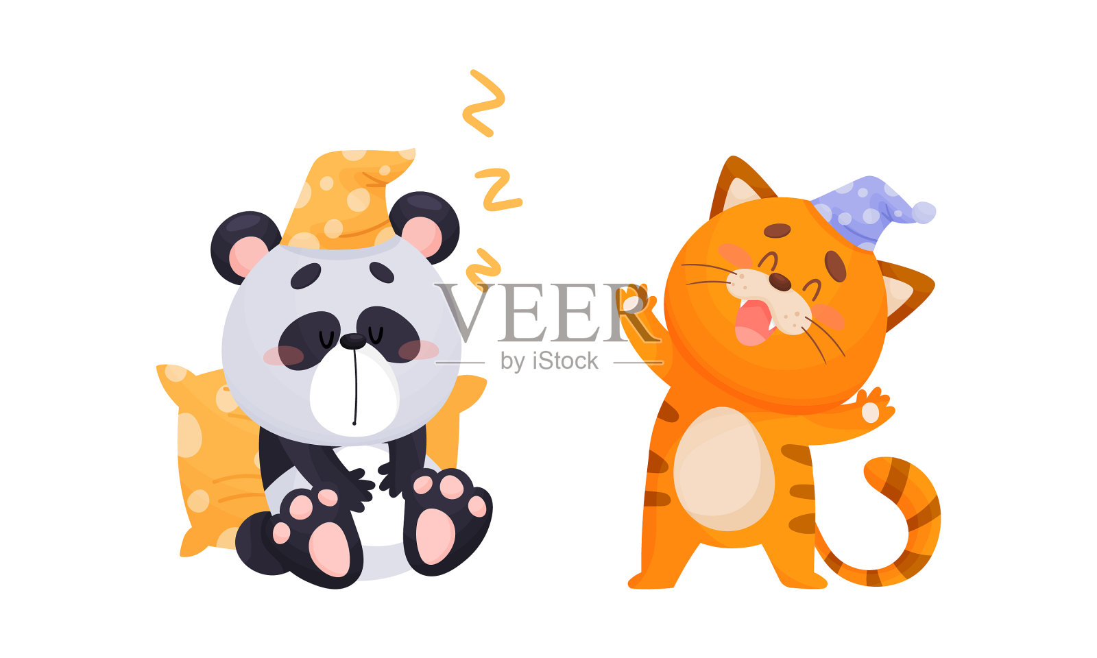 可爱的动物角色穿着睡帽睡觉插画图片素材