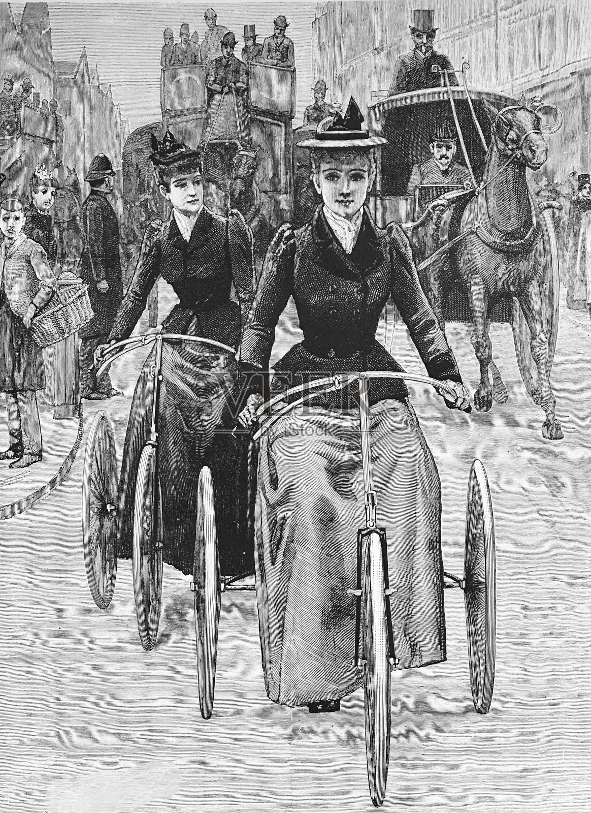两个骑着三轮车的年轻女子，马车跟在她们后面插画图片素材
