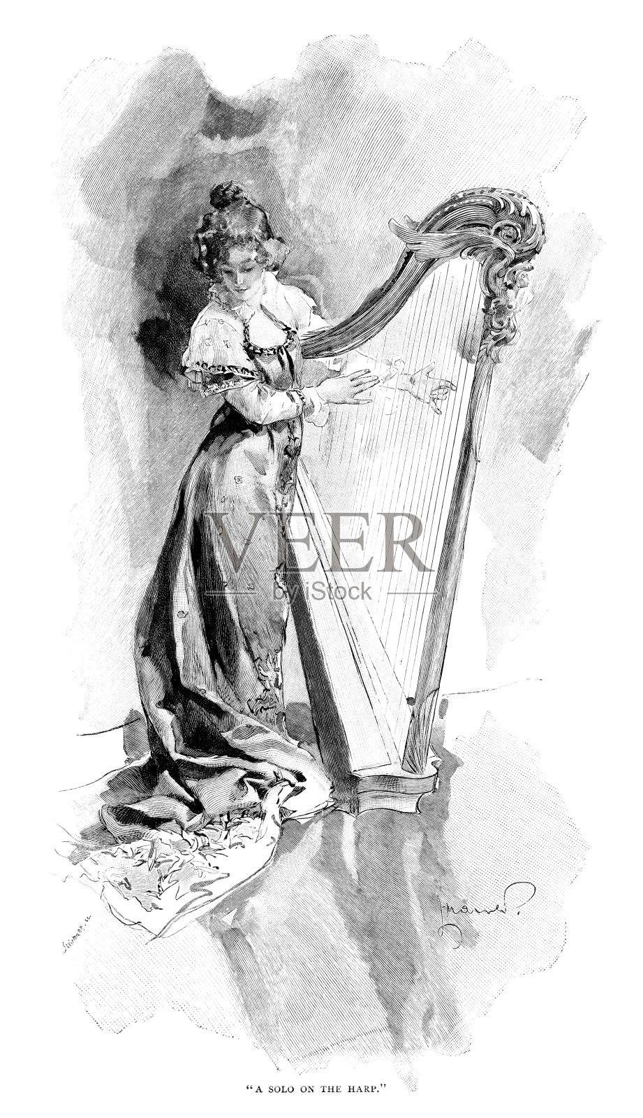 维多利亚时代晚期弹奏竖琴的妇女插画图片素材
