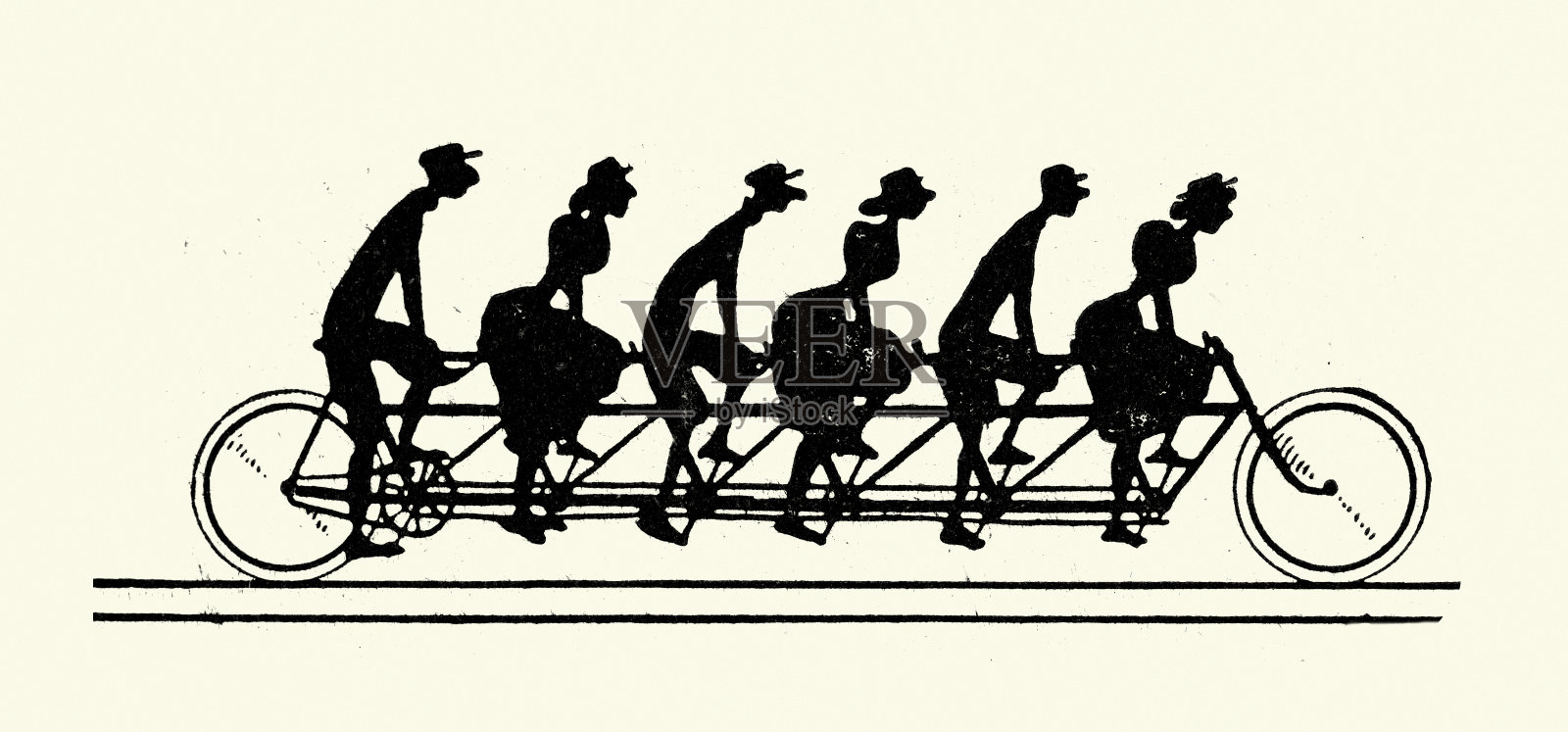人们骑着一辆六座固定齿轮自行车的剪影，1890年代，19世纪插画图片素材