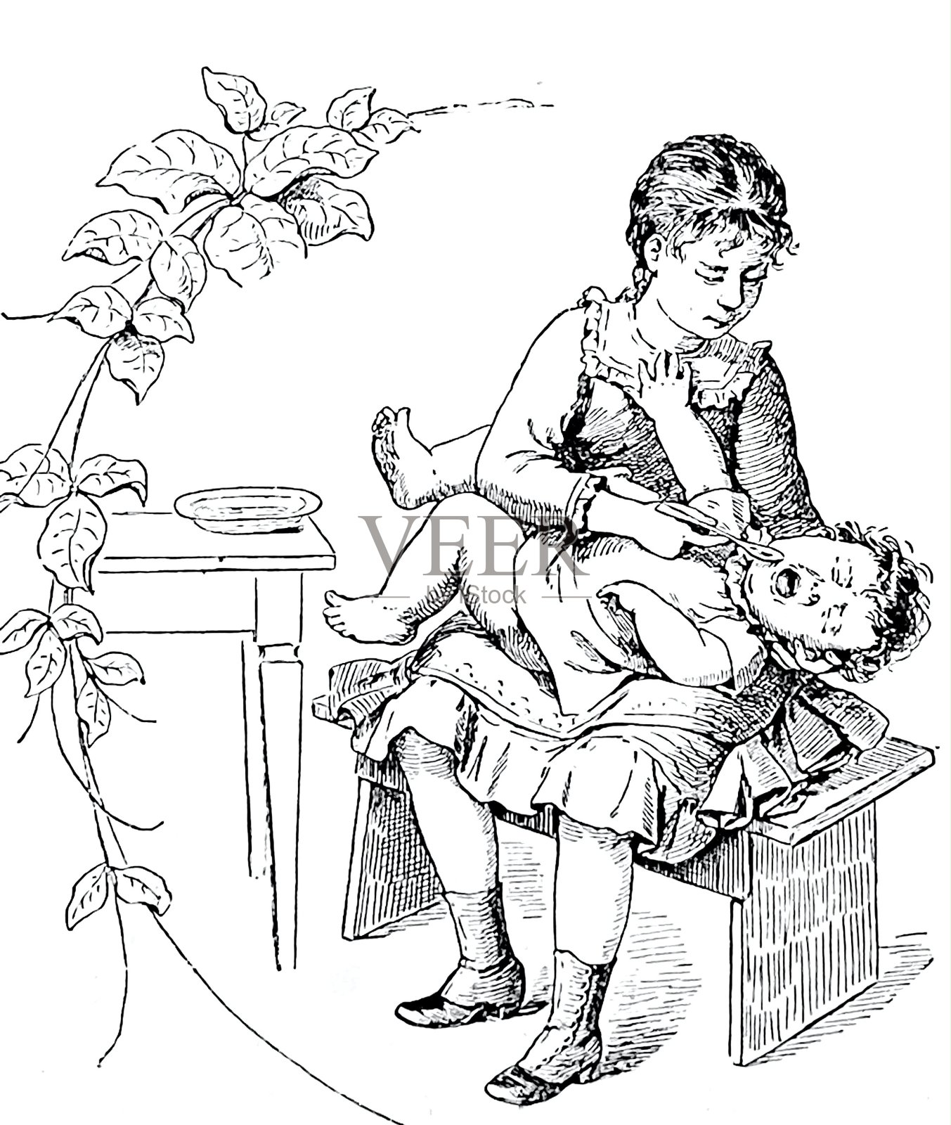 孩子躺在女人的膝盖上，拒绝进食，尖叫插画图片素材