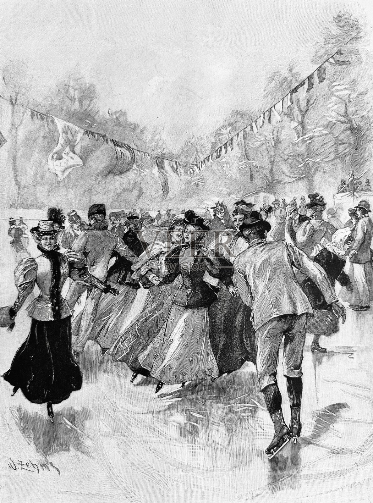 快乐的溜冰场节，优雅的年轻男女滑冰，旗帜和花环在广场上伸展插画图片素材