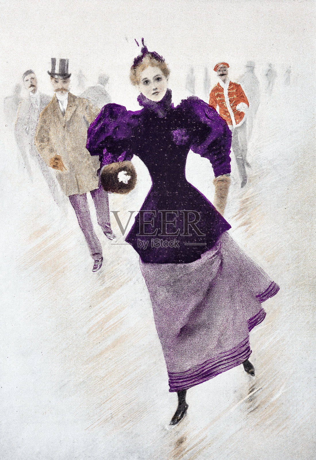 年轻漂亮的女人在全速滑冰插画图片素材