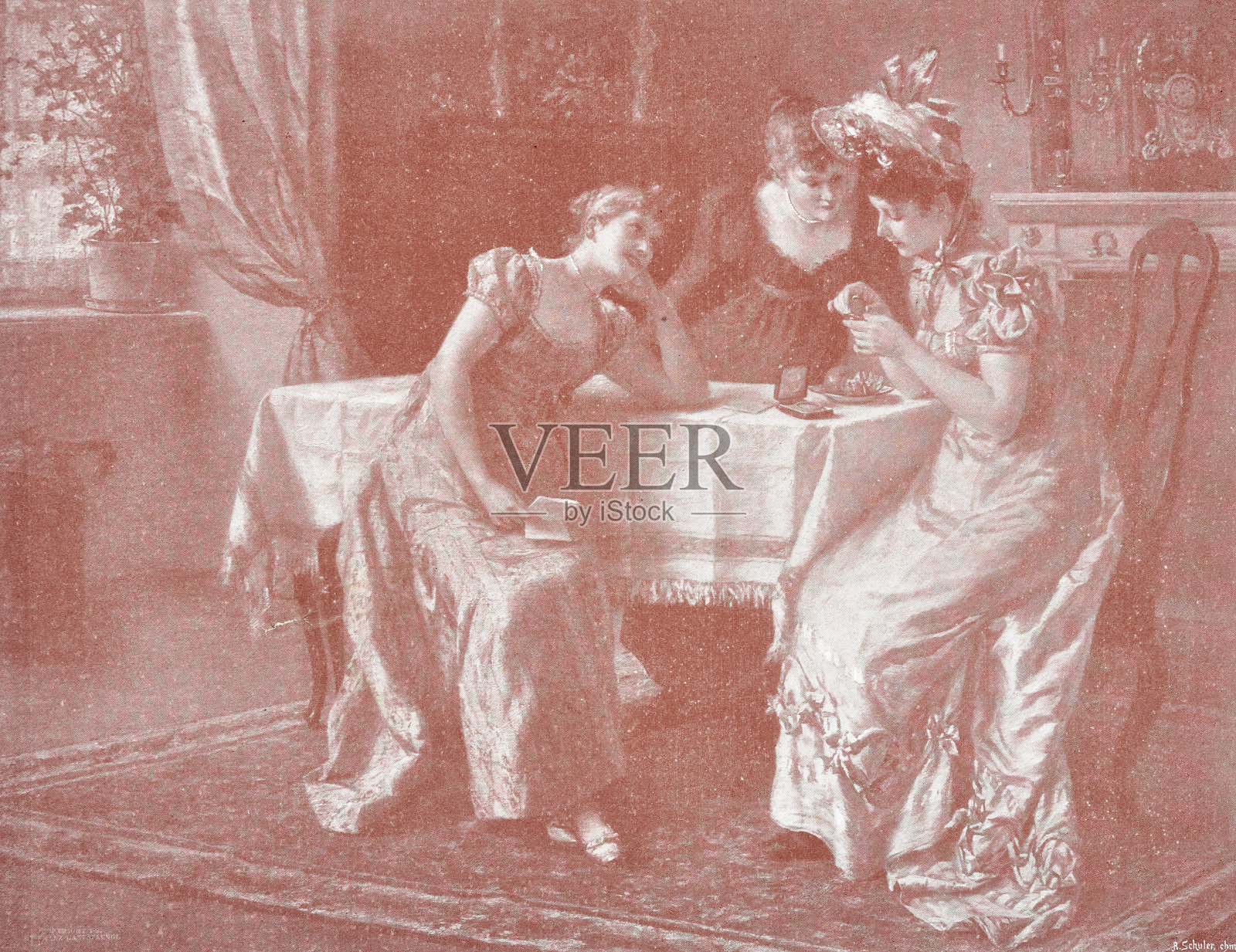 三个女人看着一幅镶在镜框里的照片，可能是心爱的人插画图片素材