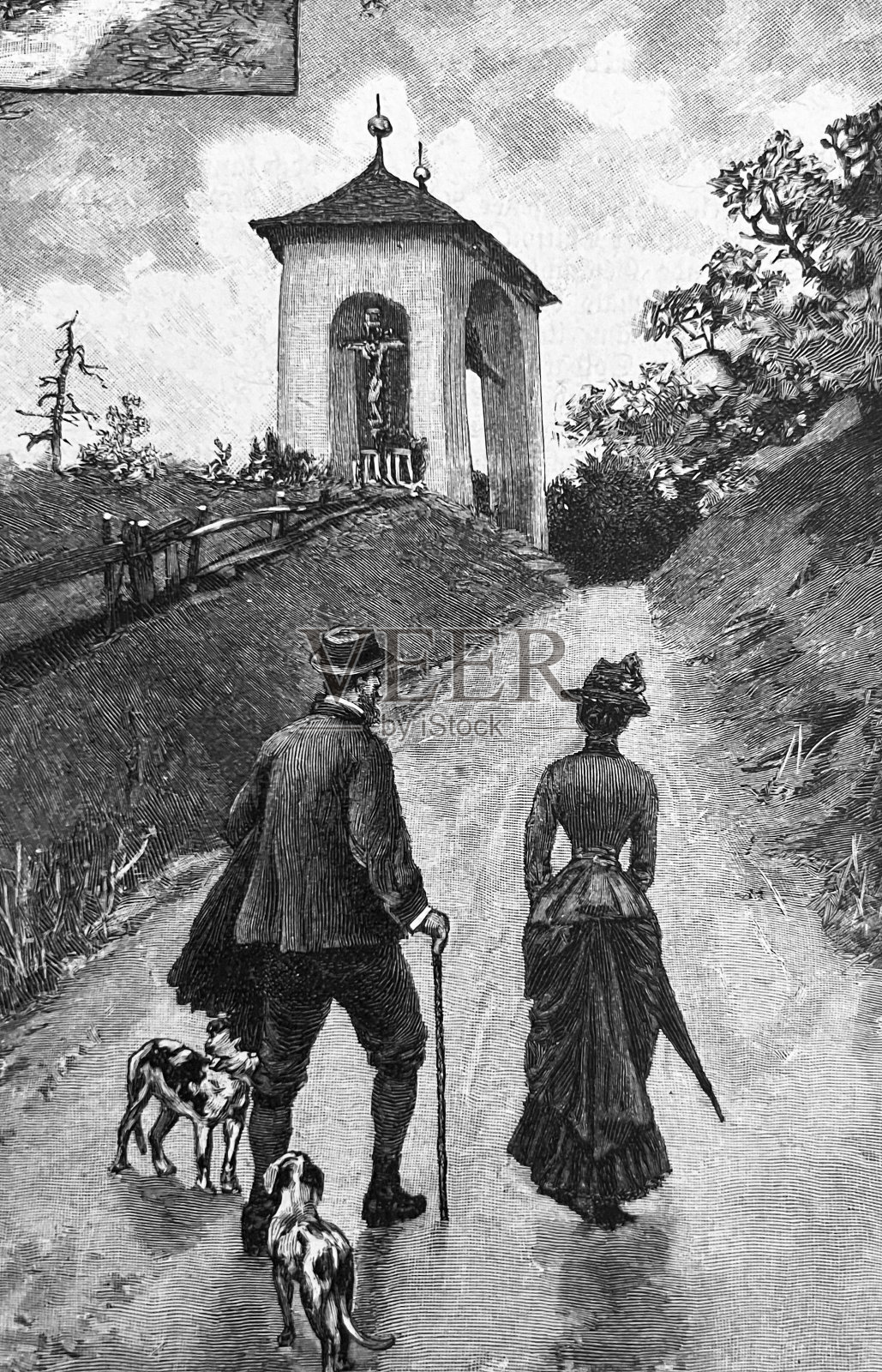 一对夫妇走向小教堂插画图片素材