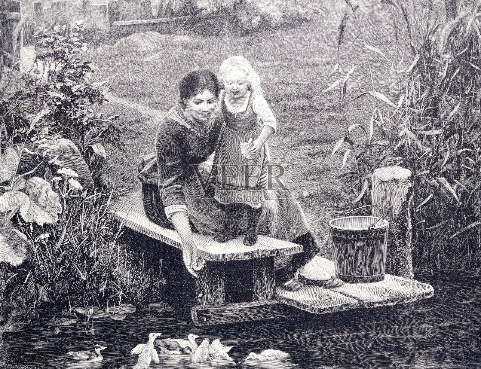 母女俩在小溪边喂小鸭子插画图片素材