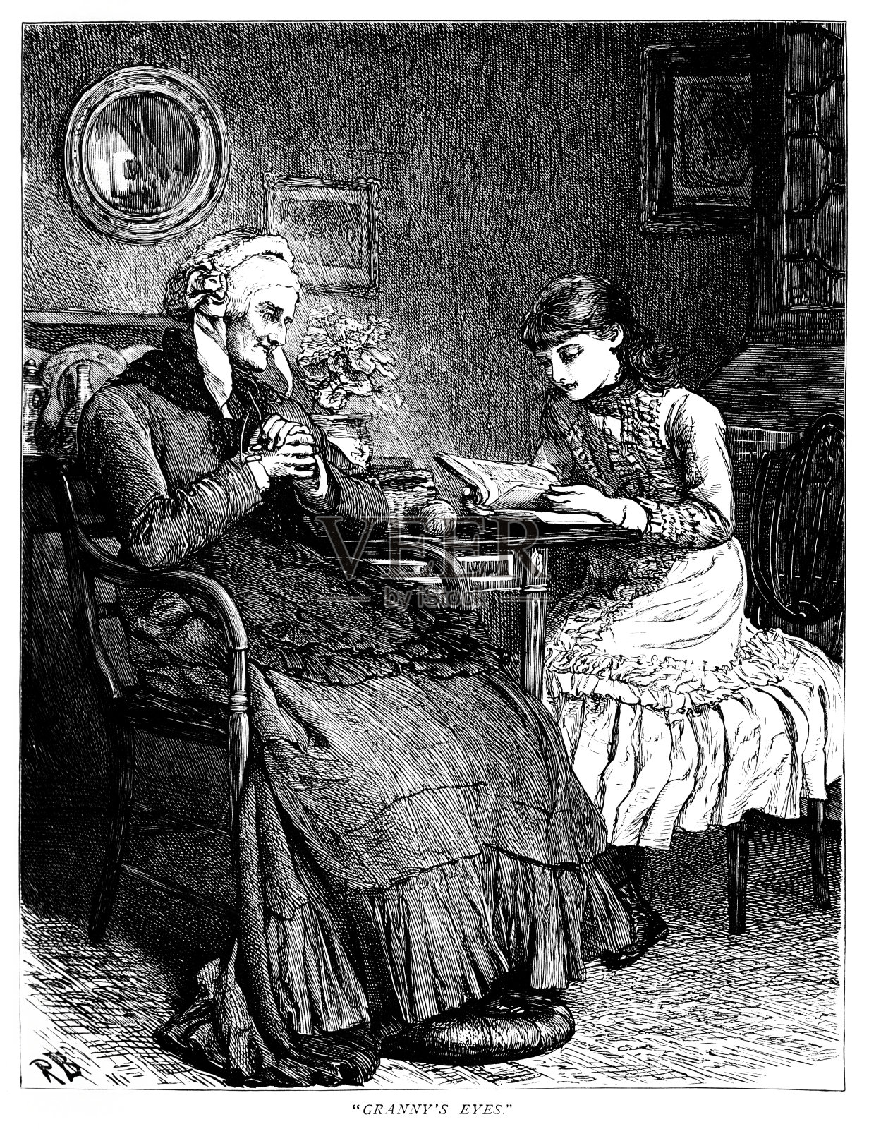 年轻的维多利亚女孩给她的祖母读书插画图片素材