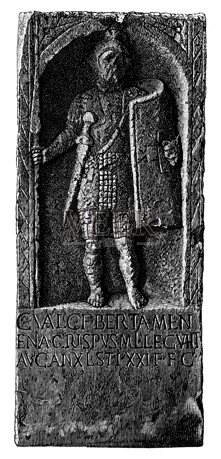 一个全副武装的罗马战士的坟墓插画图片素材