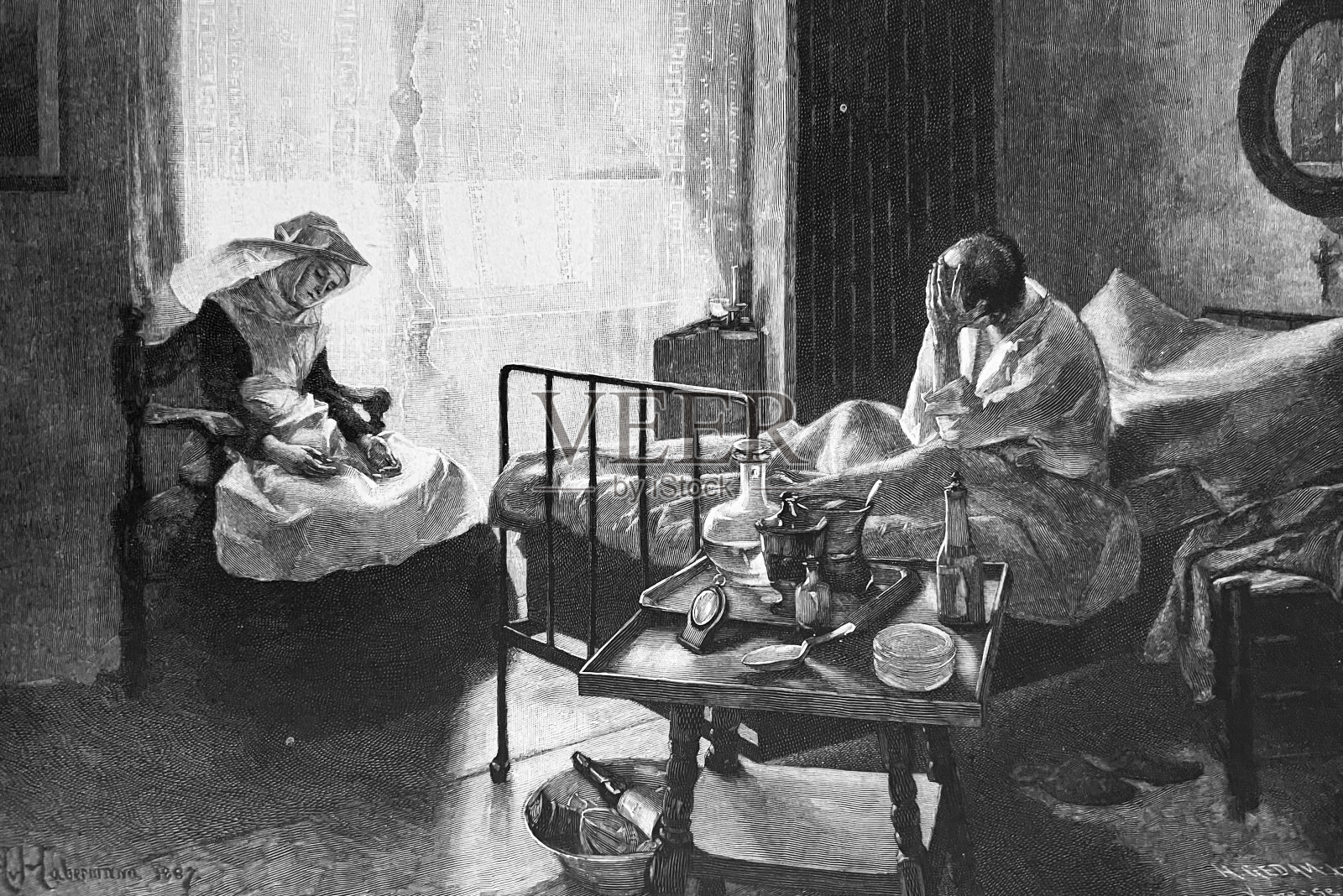 黎明在医务室，男人抱着头，坐在床上，护士坐在窗边插画图片素材