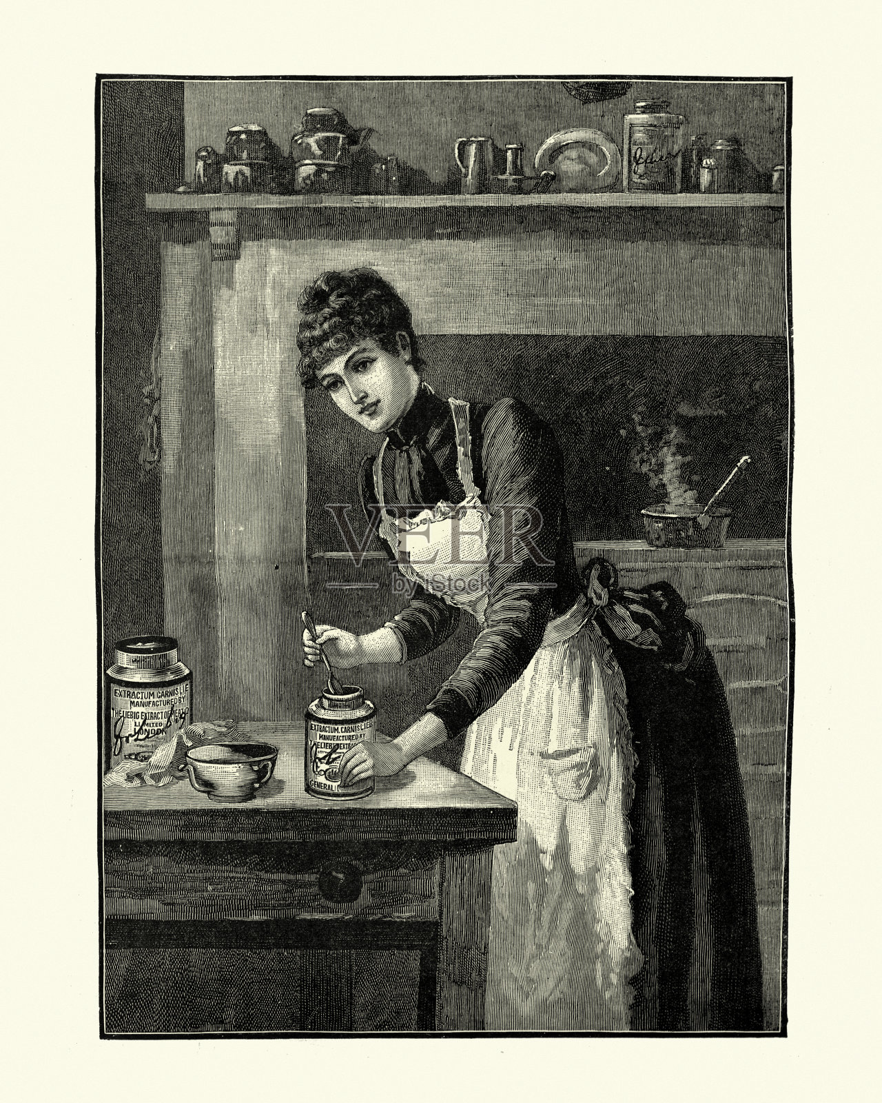 19世纪，维多利亚时代的年轻女子在厨房里做饭插画图片素材