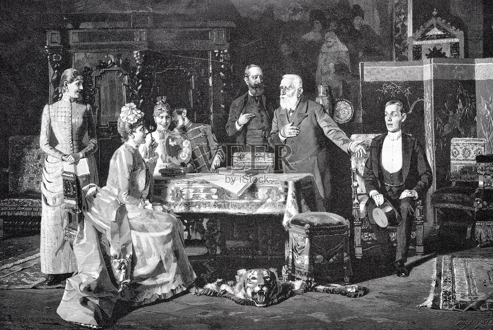 天作之合:年轻男子由调解人提供作为结婚候选人，父亲、母亲和女儿看着候选人插画图片素材