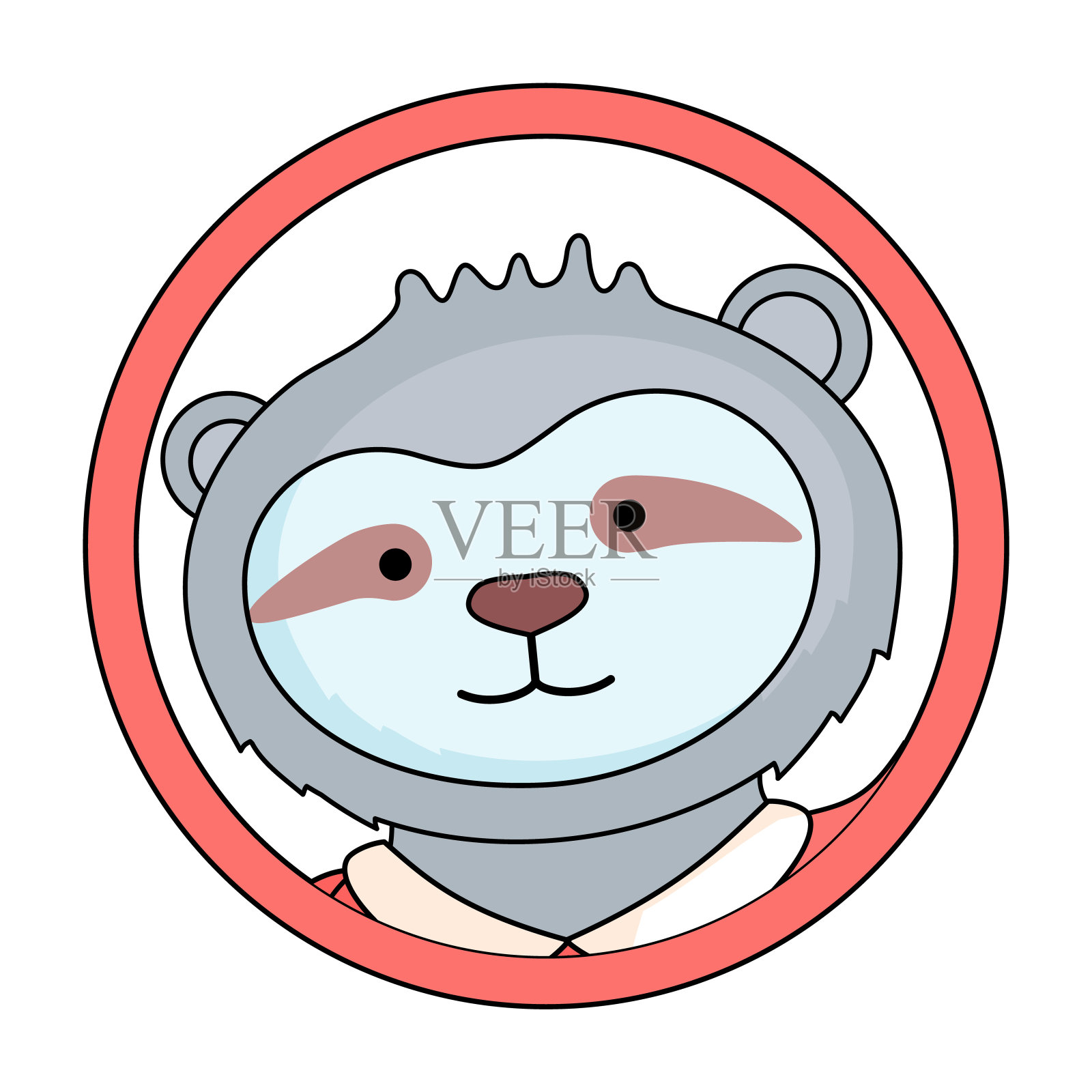 可爱的动物化身在红色圈，可爱的树懒肖像，头部孤立在白色背景插画图片素材